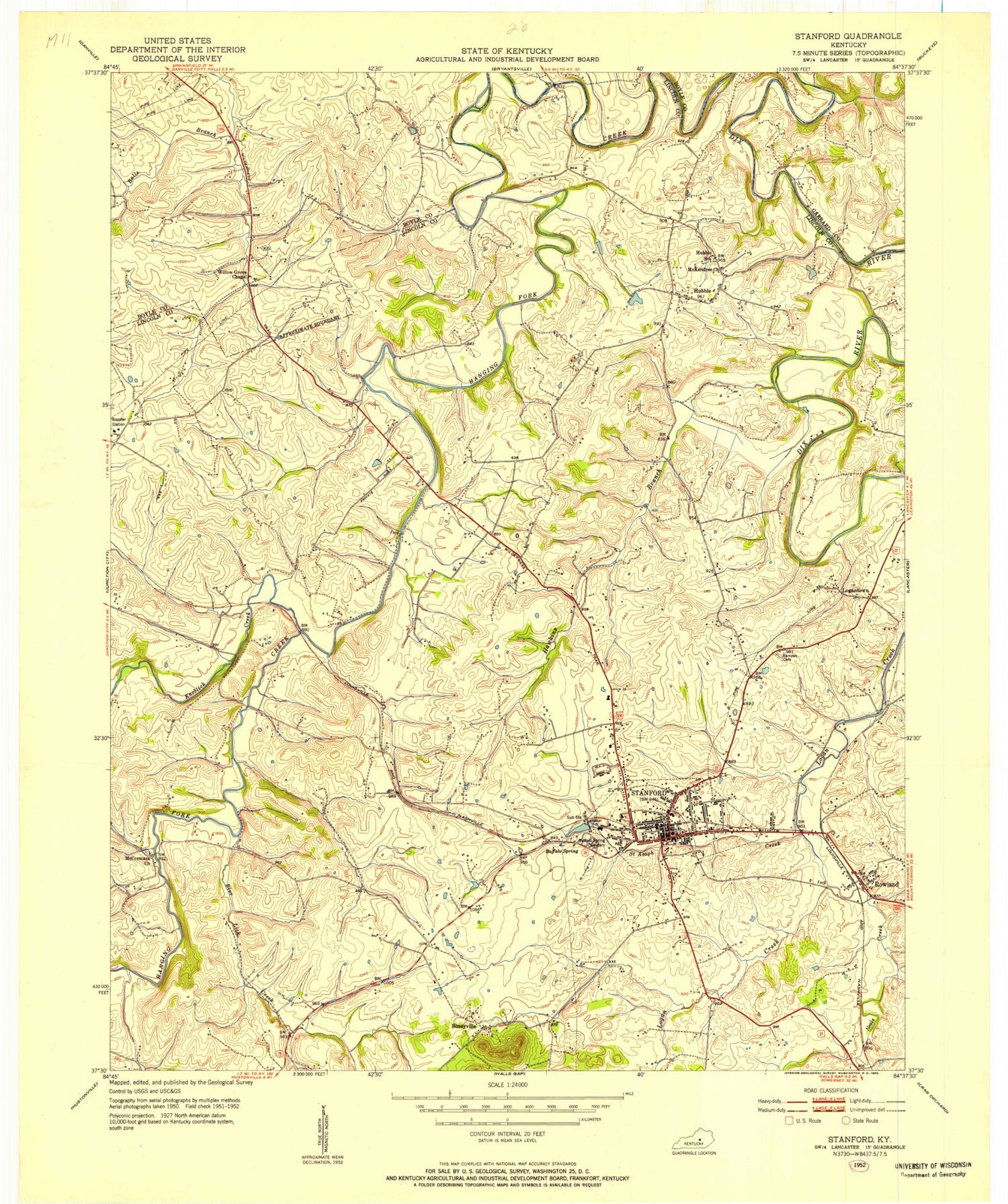 Classic USGS Stanford Kentucky 7.5'x7.5' Topo Map Image