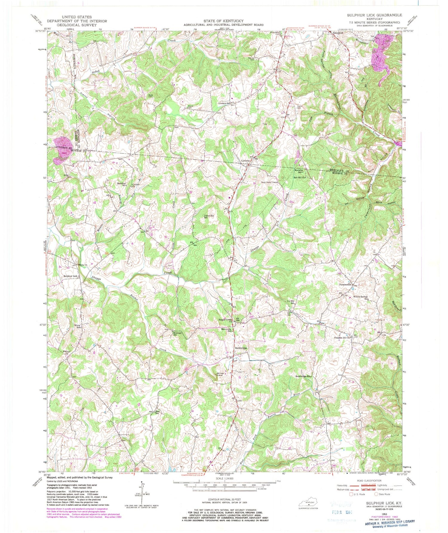 Classic USGS Sulphur Lick Kentucky 7.5'x7.5' Topo Map Image