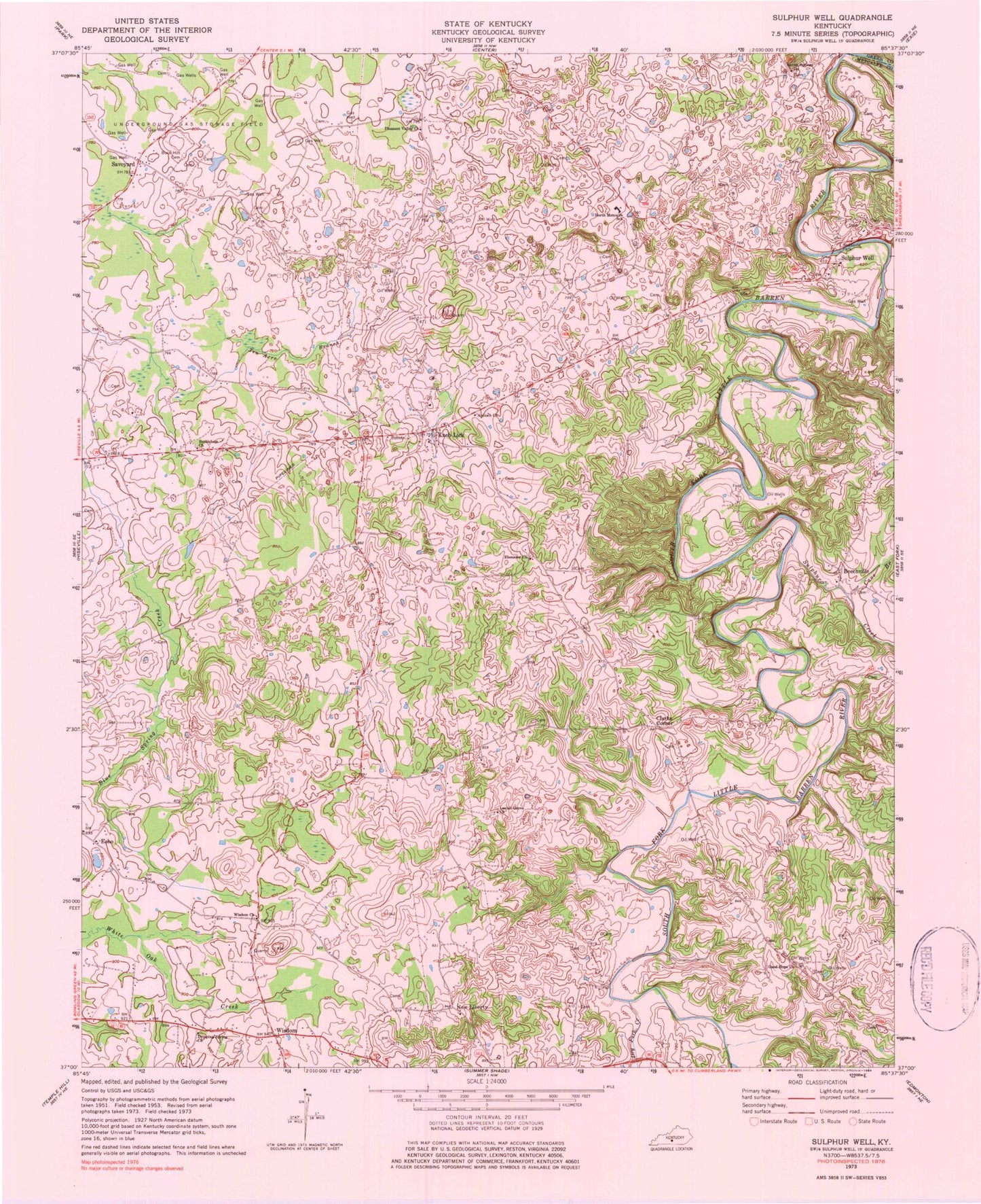 Classic USGS Sulphur Well Kentucky 7.5'x7.5' Topo Map Image