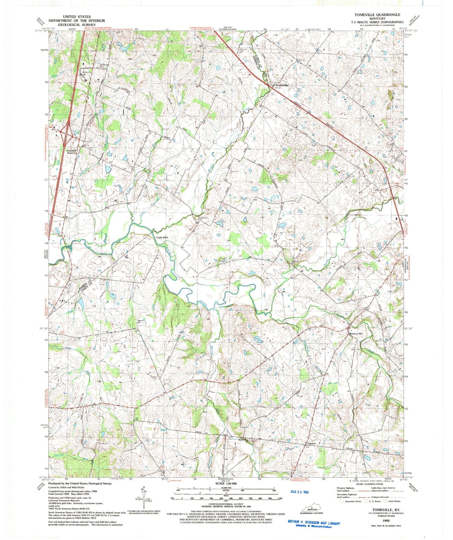 Classic USGS Tonieville Kentucky 7.5'x7.5' Topo Map Image