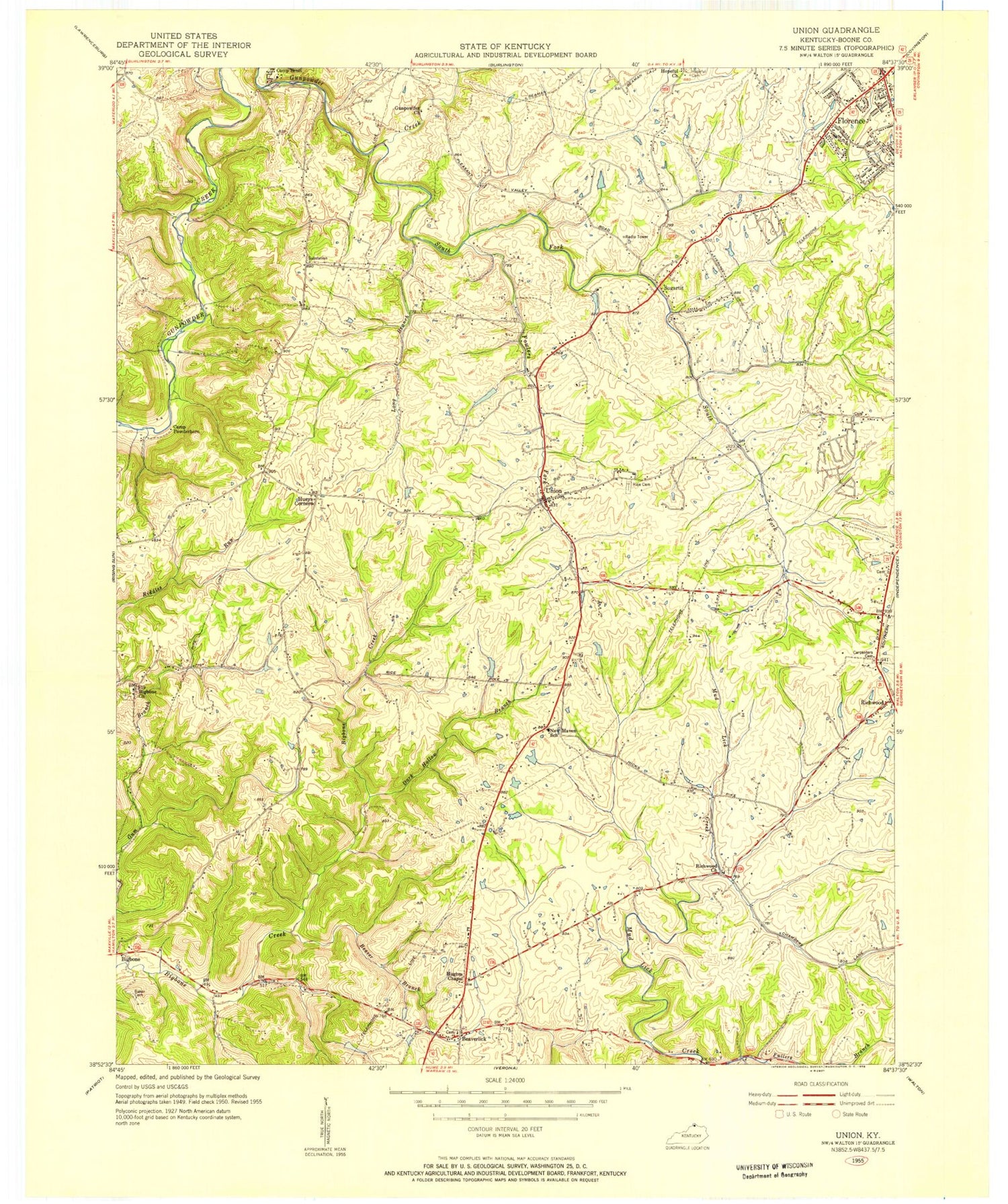 Classic USGS Union Kentucky 7.5'x7.5' Topo Map Image