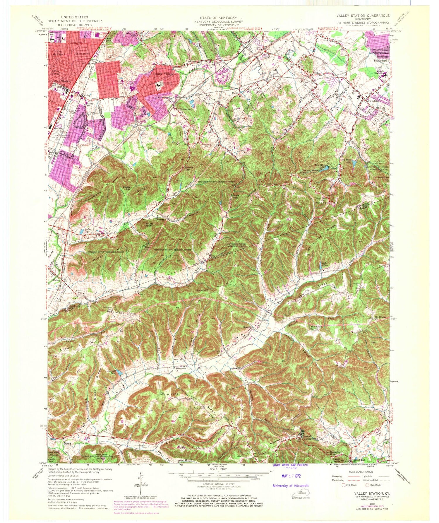 Classic USGS Valley Station Kentucky 7.5'x7.5' Topo Map Image