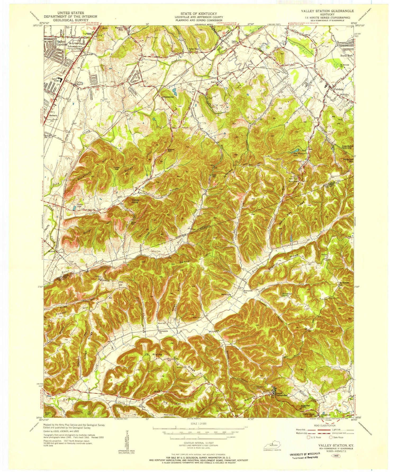 Classic USGS Valley Station Kentucky 7.5'x7.5' Topo Map Image