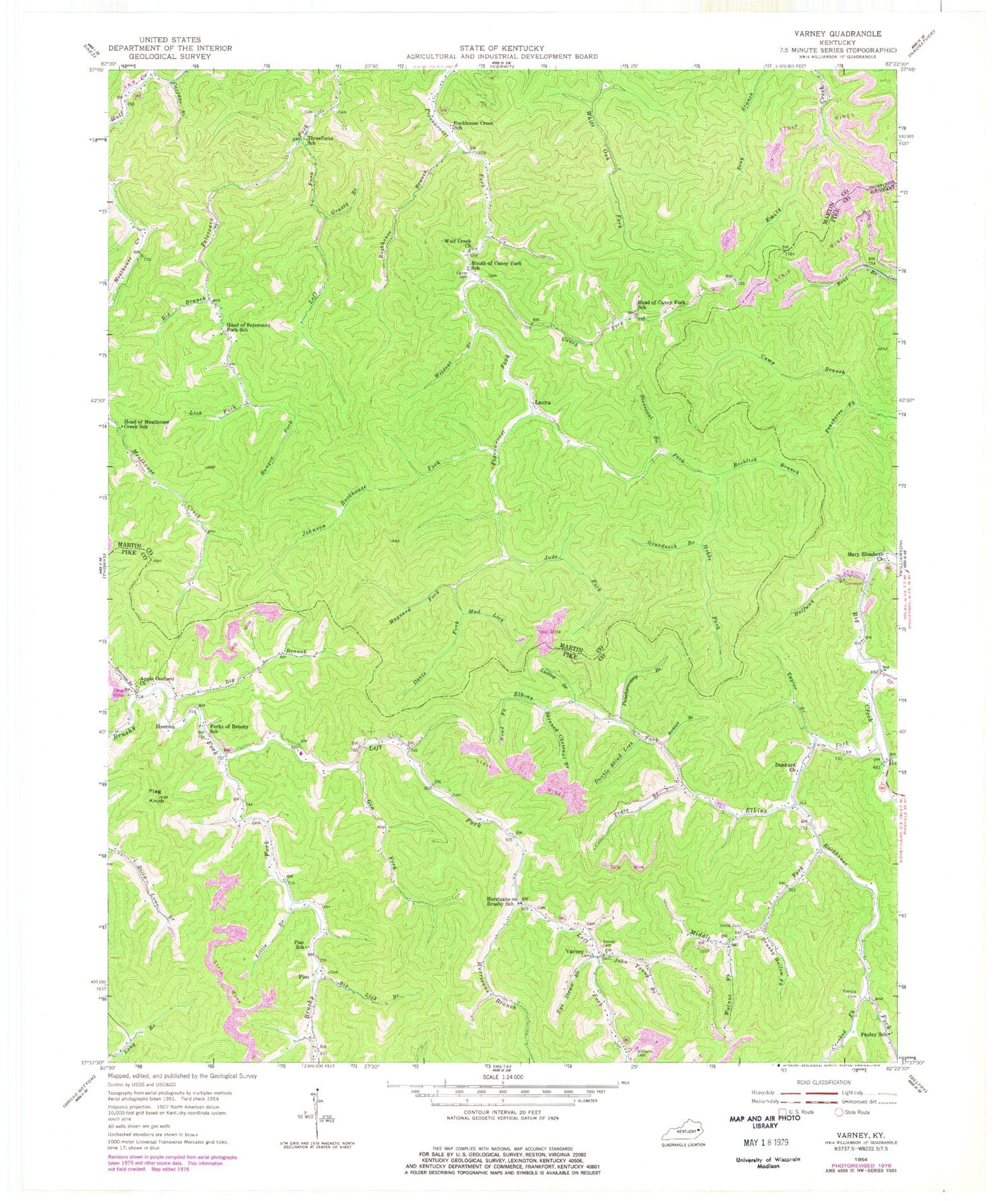 Classic USGS Varney Kentucky 7.5'x7.5' Topo Map Image