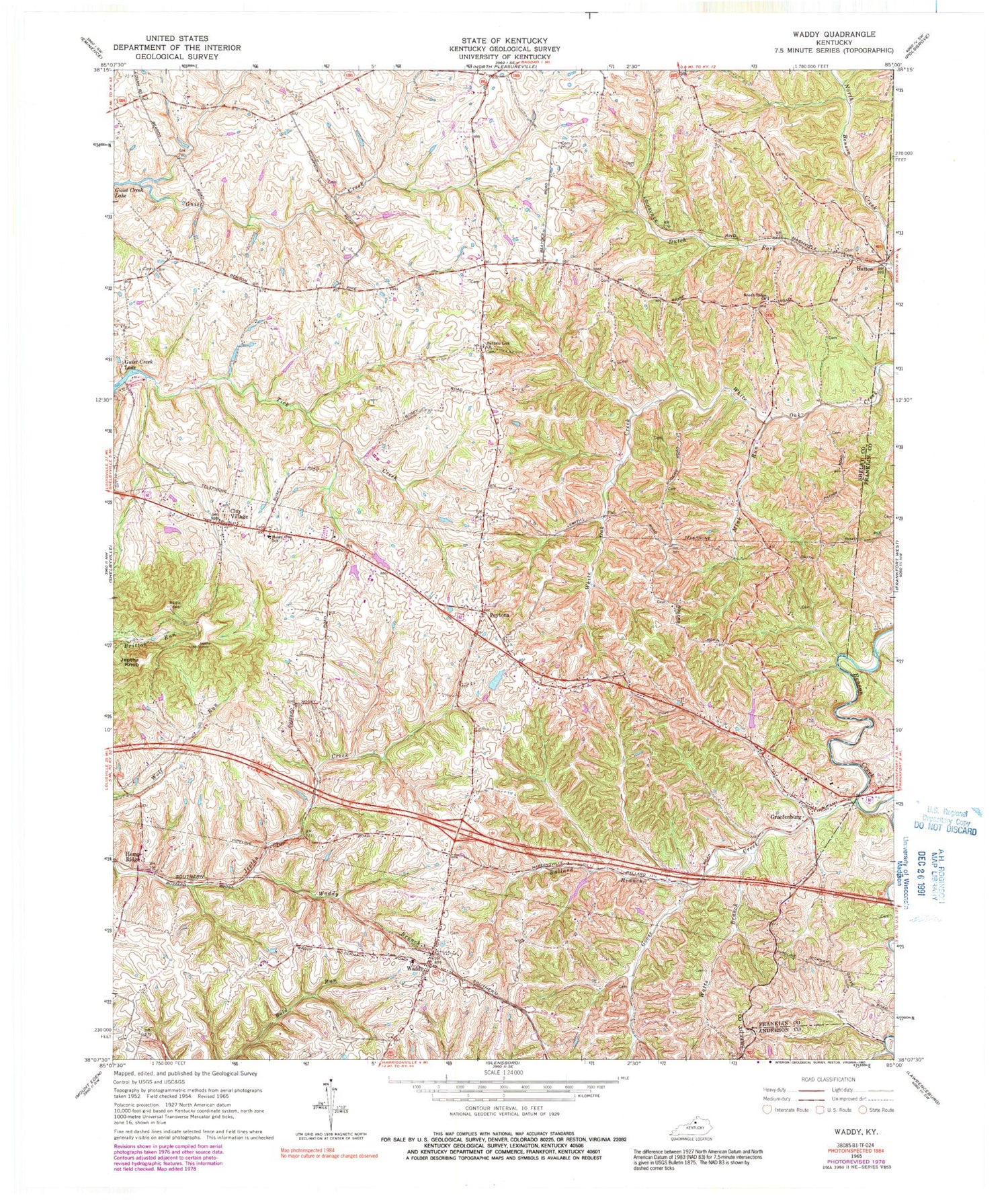 Classic USGS Waddy Kentucky 7.5'x7.5' Topo Map Image