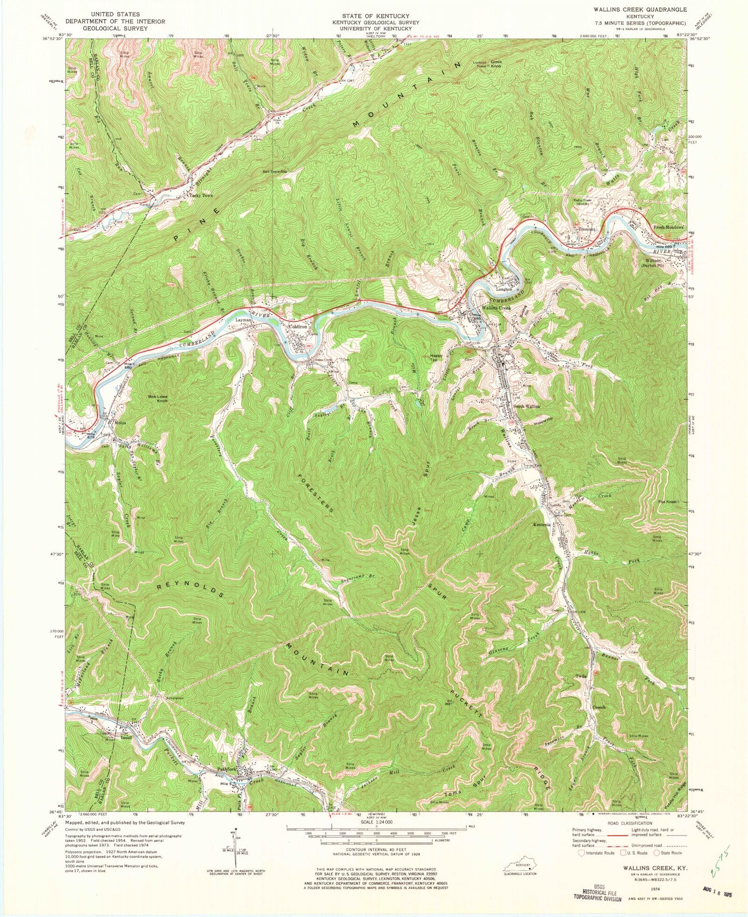 Classic USGS Wallins Creek Kentucky 7.5'x7.5' Topo Map Image