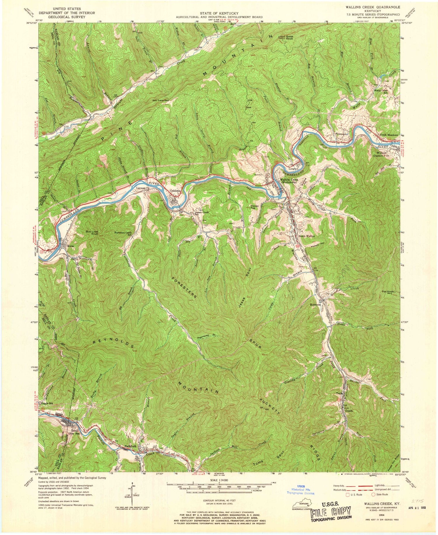 Classic USGS Wallins Creek Kentucky 7.5'x7.5' Topo Map Image