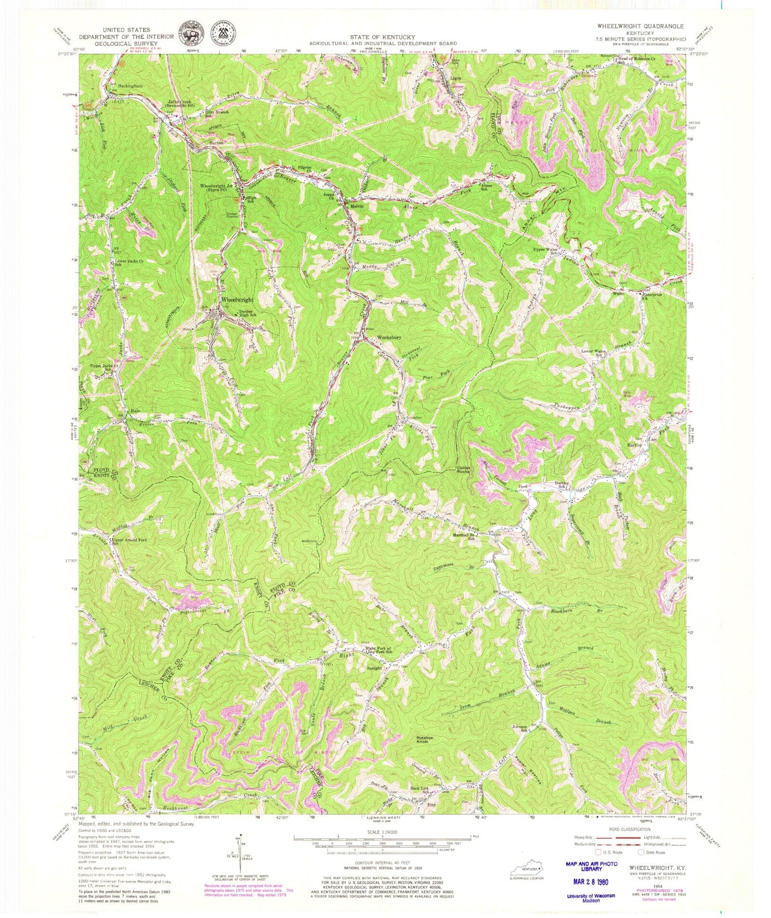 Classic USGS Wheelwright Kentucky 7.5'x7.5' Topo Map Image