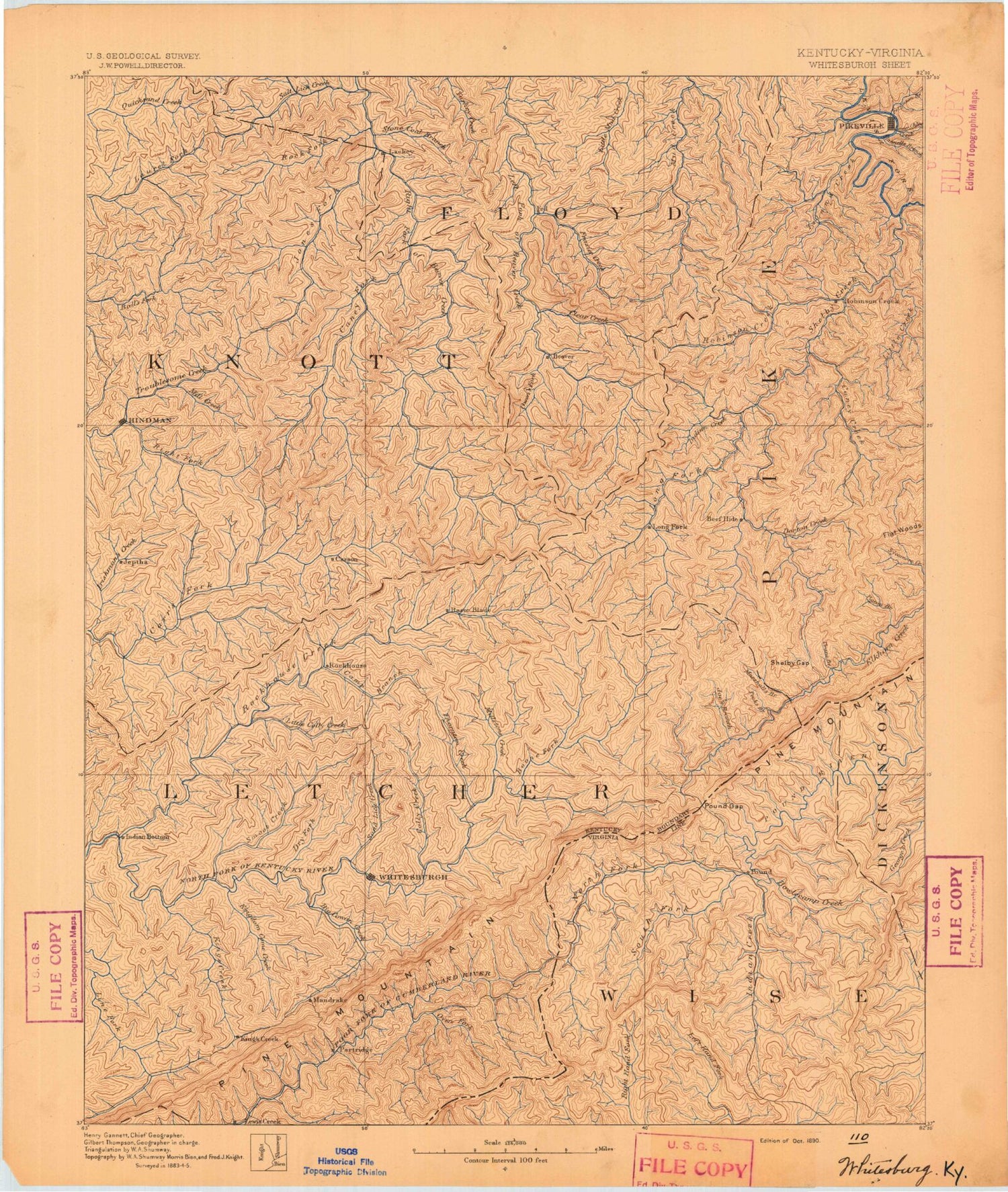 Historic 1890 Whitesburg Kentucky 30'x30' Topo Map Image