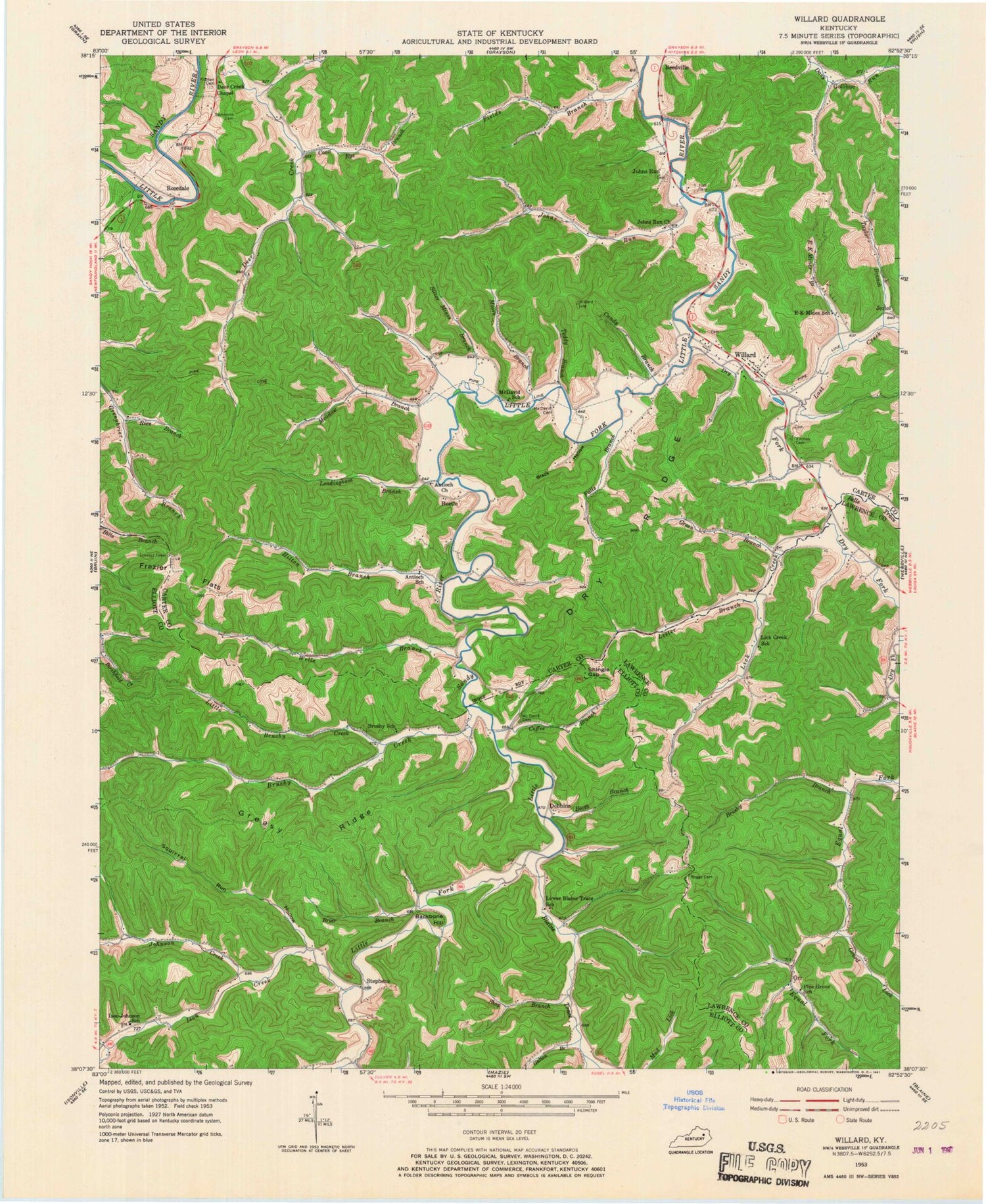 Classic USGS Willard Kentucky 7.5'x7.5' Topo Map Image