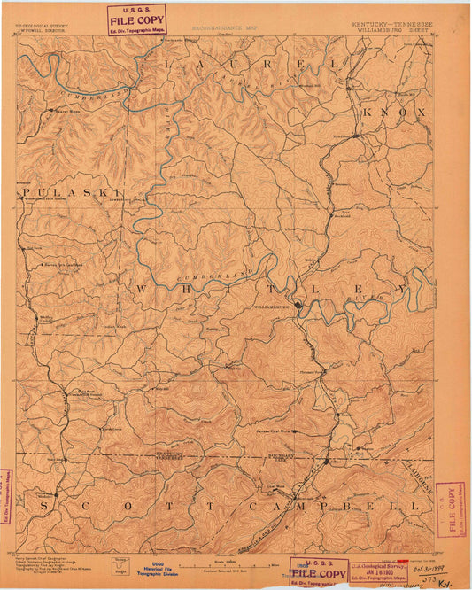 Historic 1890 Williamsburg Kentucky 30'x30' Topo Map Image