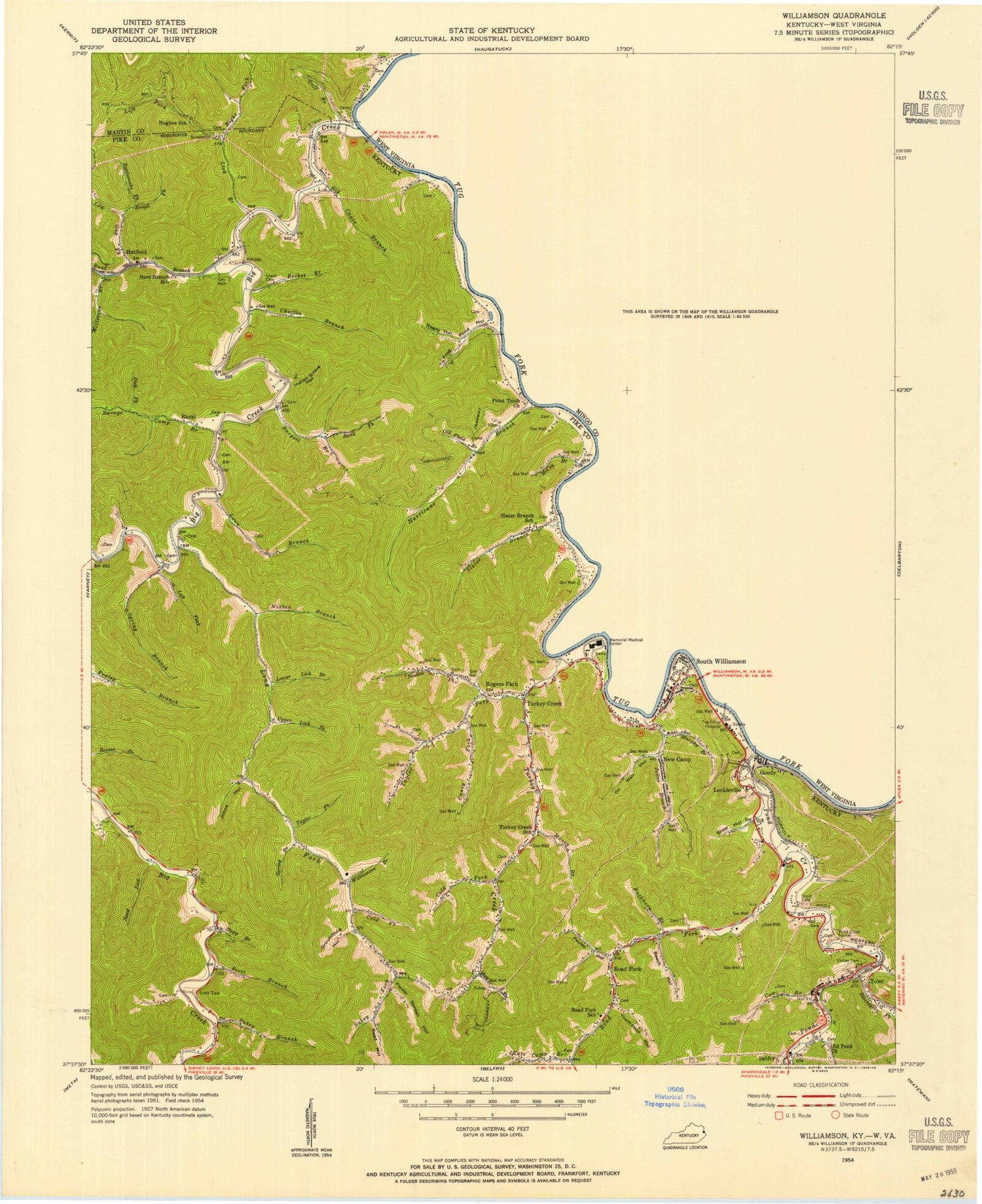 Classic USGS Williamson West Virginia 7.5'x7.5' Topo Map Image