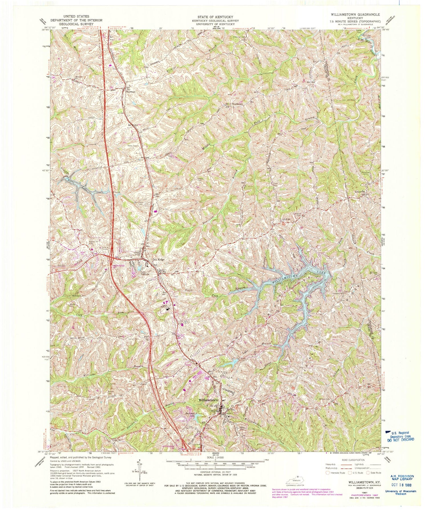 Classic USGS Williamstown Kentucky 7.5'x7.5' Topo Map Image