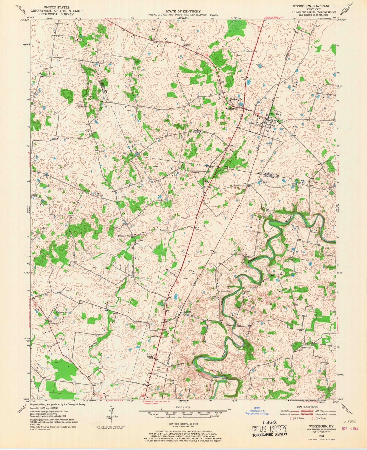 Classic USGS Woodburn Kentucky 7.5'x7.5' Topo Map Image