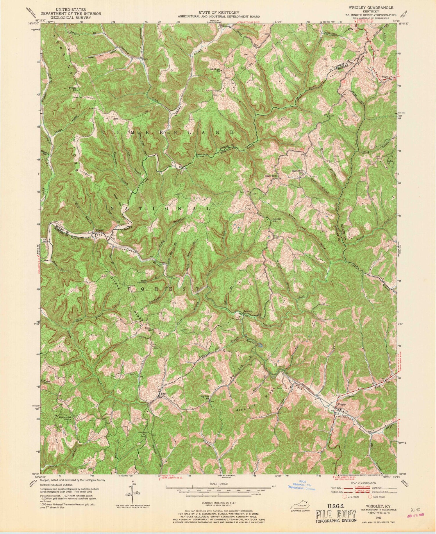 Classic USGS Wrigley Kentucky 7.5'x7.5' Topo Map Image