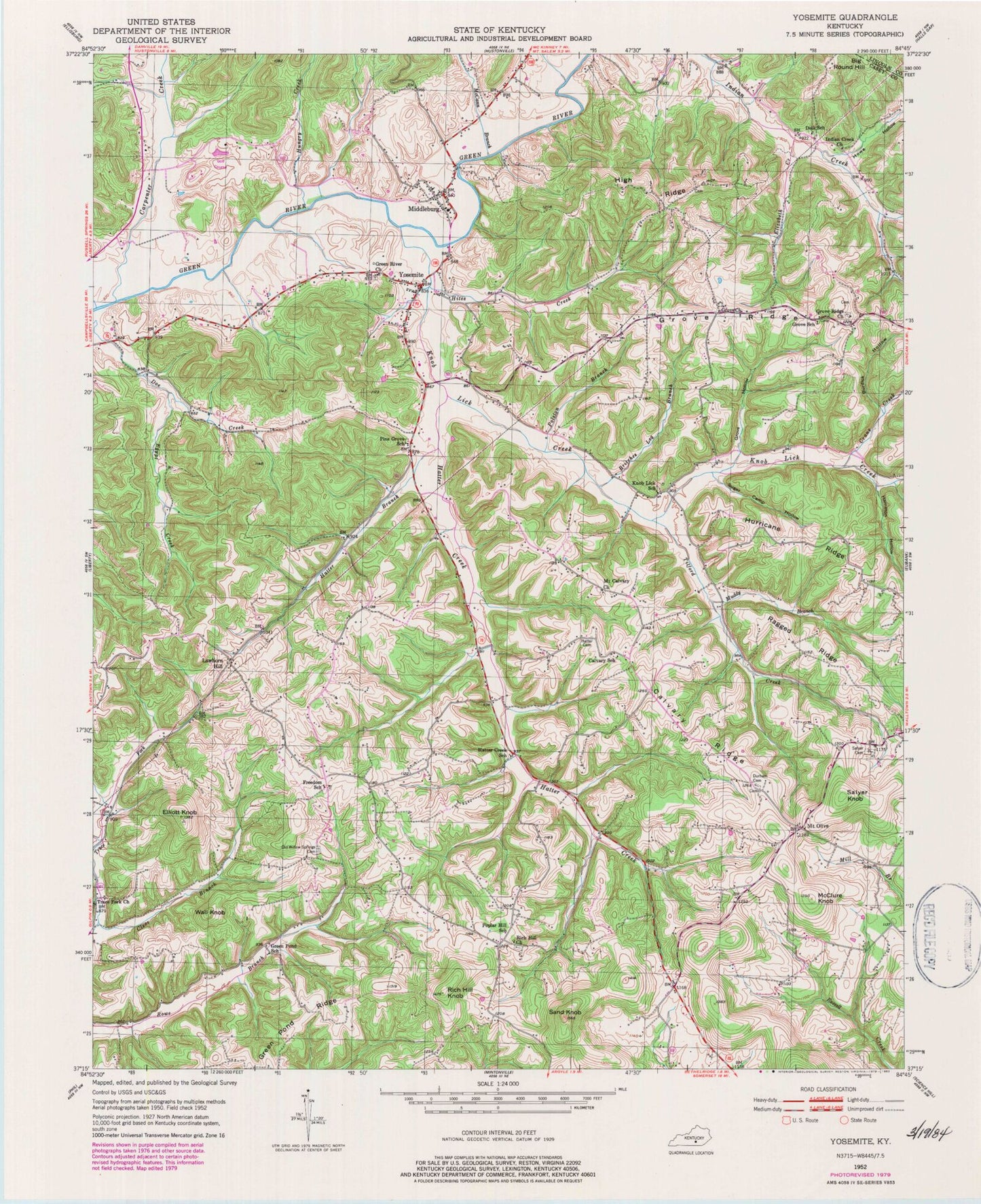 Classic USGS Yosemite Kentucky 7.5'x7.5' Topo Map Image