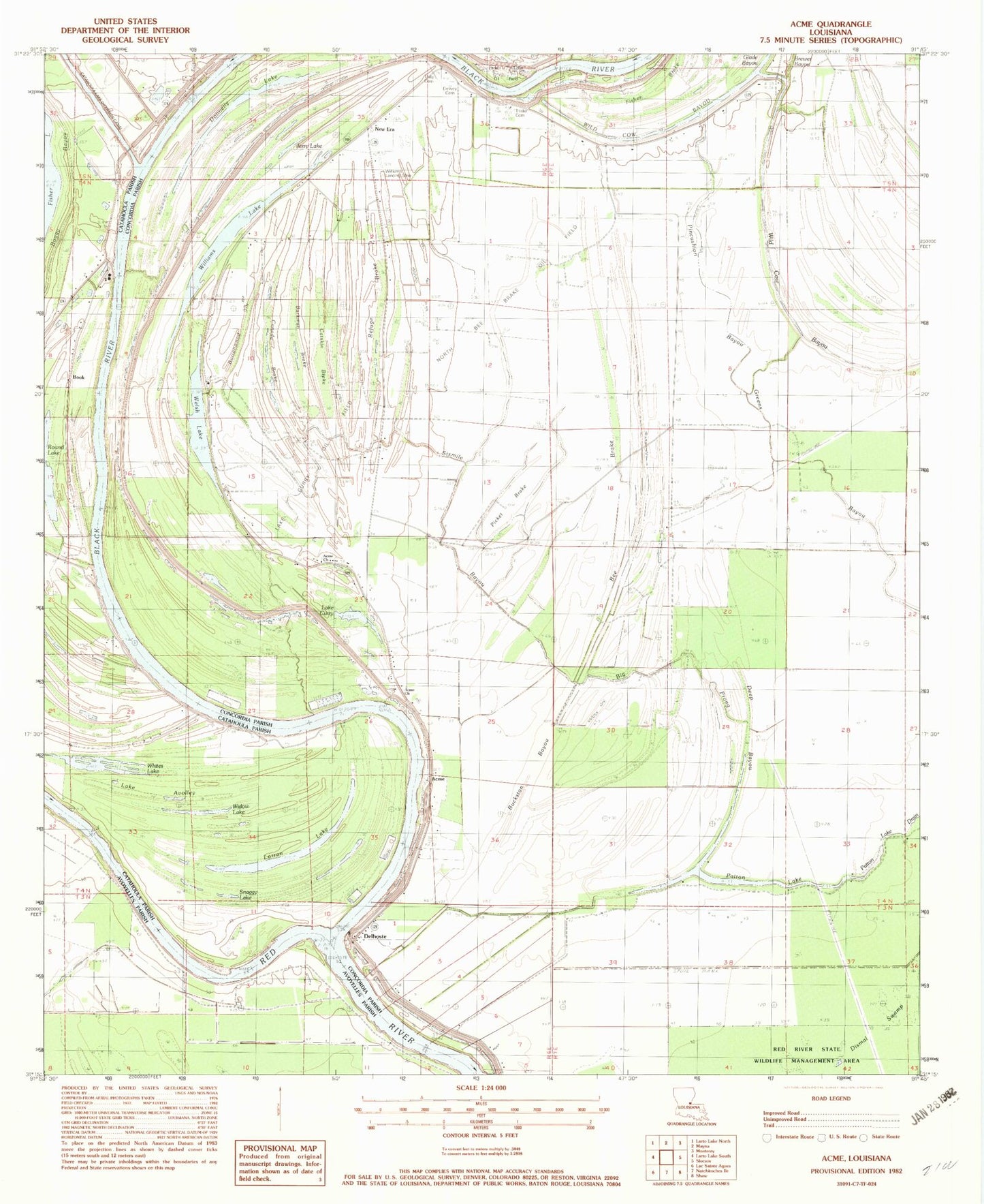 Classic USGS Acme Louisiana 7.5'x7.5' Topo Map Image