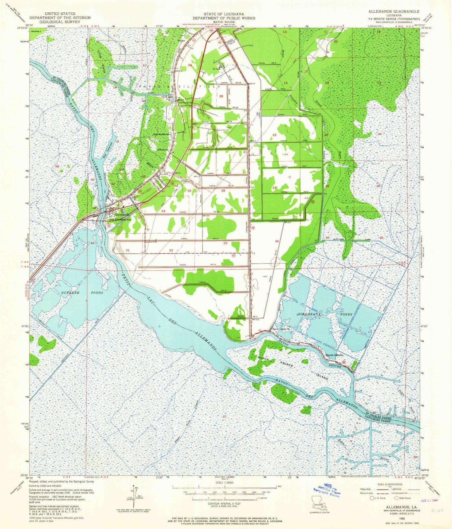 Classic USGS Des Allemands Louisiana 7.5'x7.5' Topo Map Image