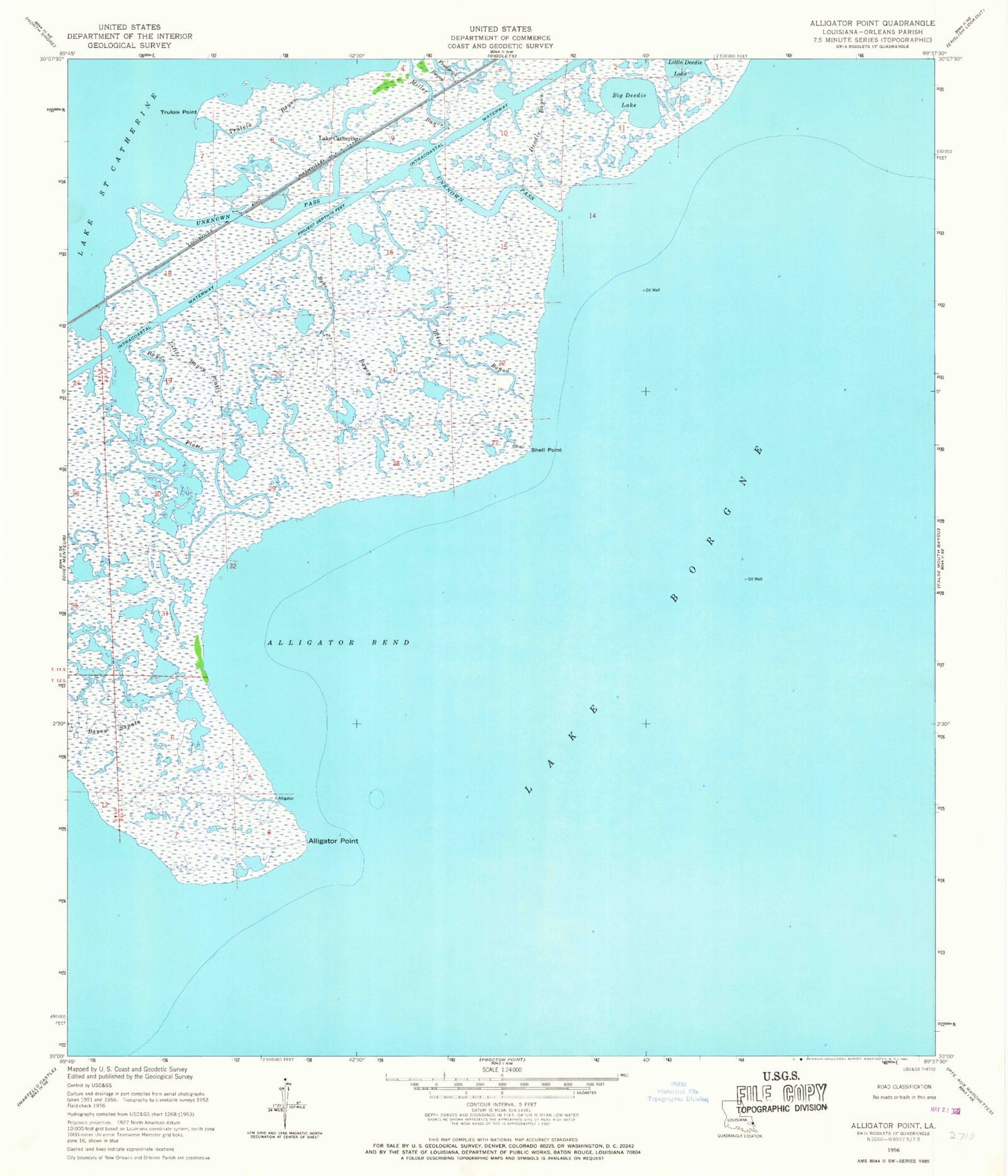 Classic USGS Alligator Point Louisiana 7.5'x7.5' Topo Map Image