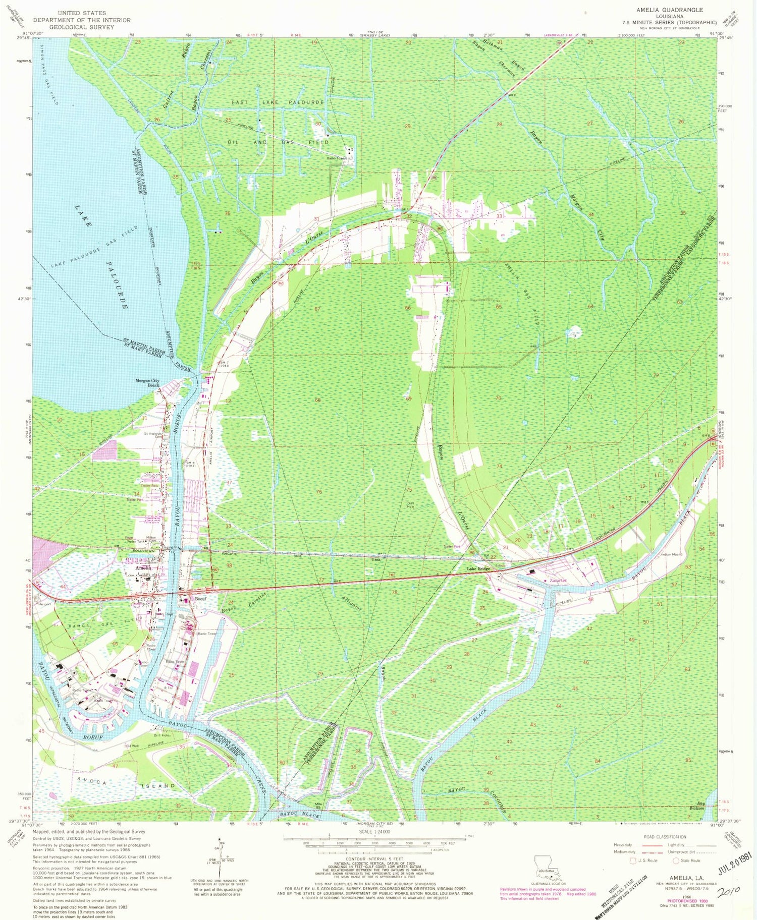 Classic USGS Amelia Louisiana 7.5'x7.5' Topo Map Image