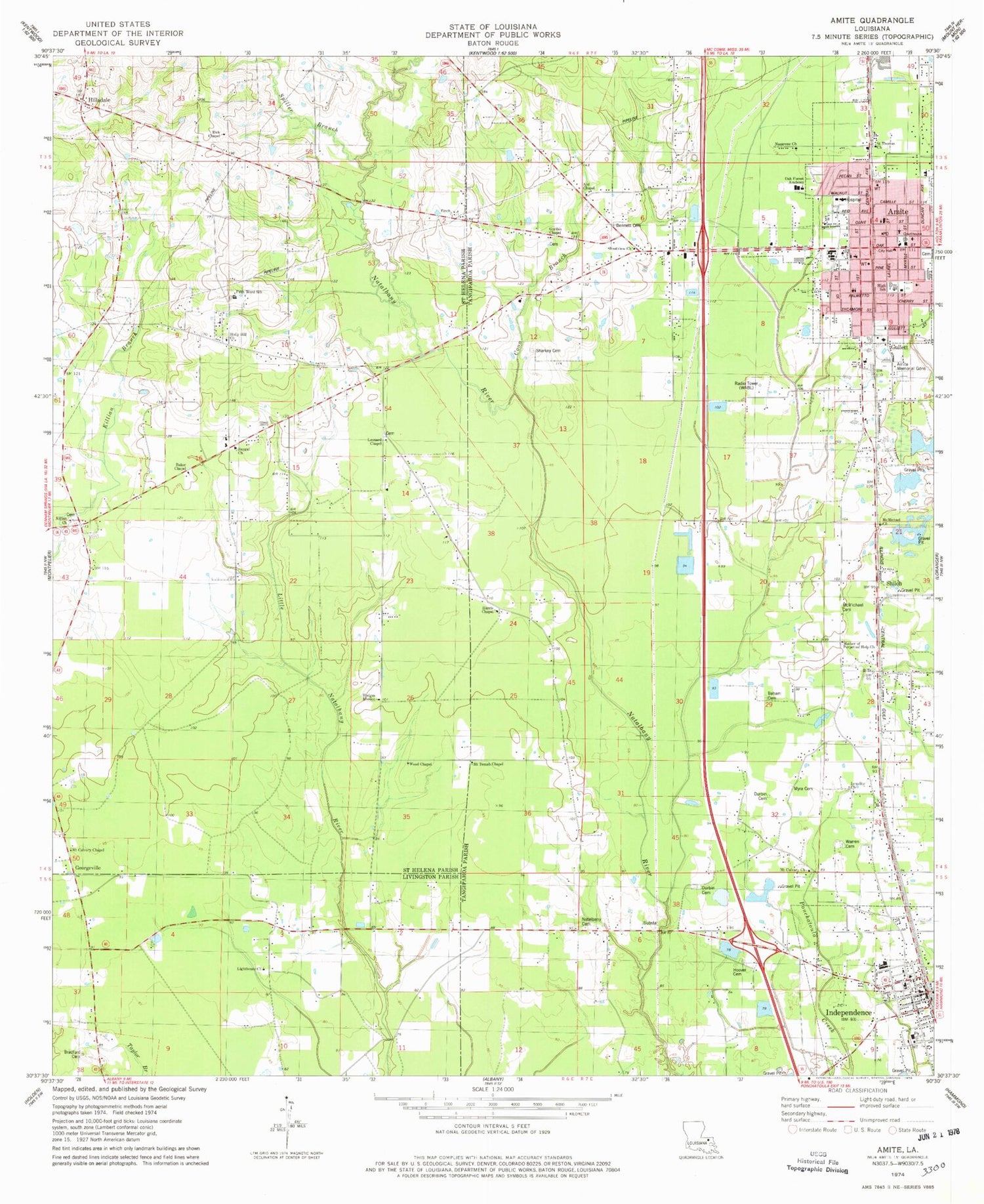 Classic USGS Amite Louisiana 7.5'x7.5' Topo Map Image