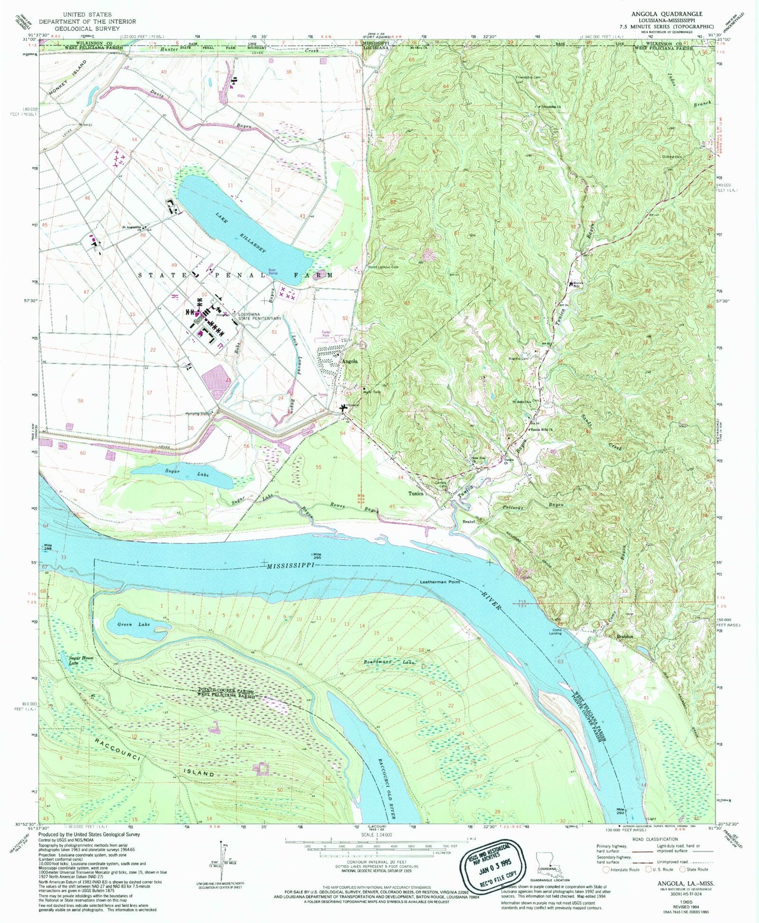 Classic USGS Angola Louisiana 7.5'x7.5' Topo Map Image