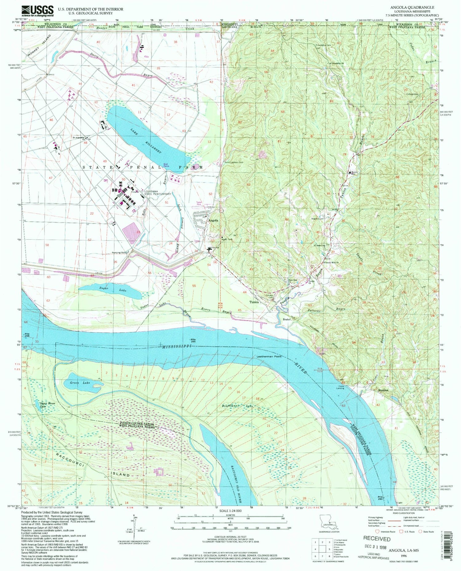 Classic USGS Angola Louisiana 7.5'x7.5' Topo Map Image