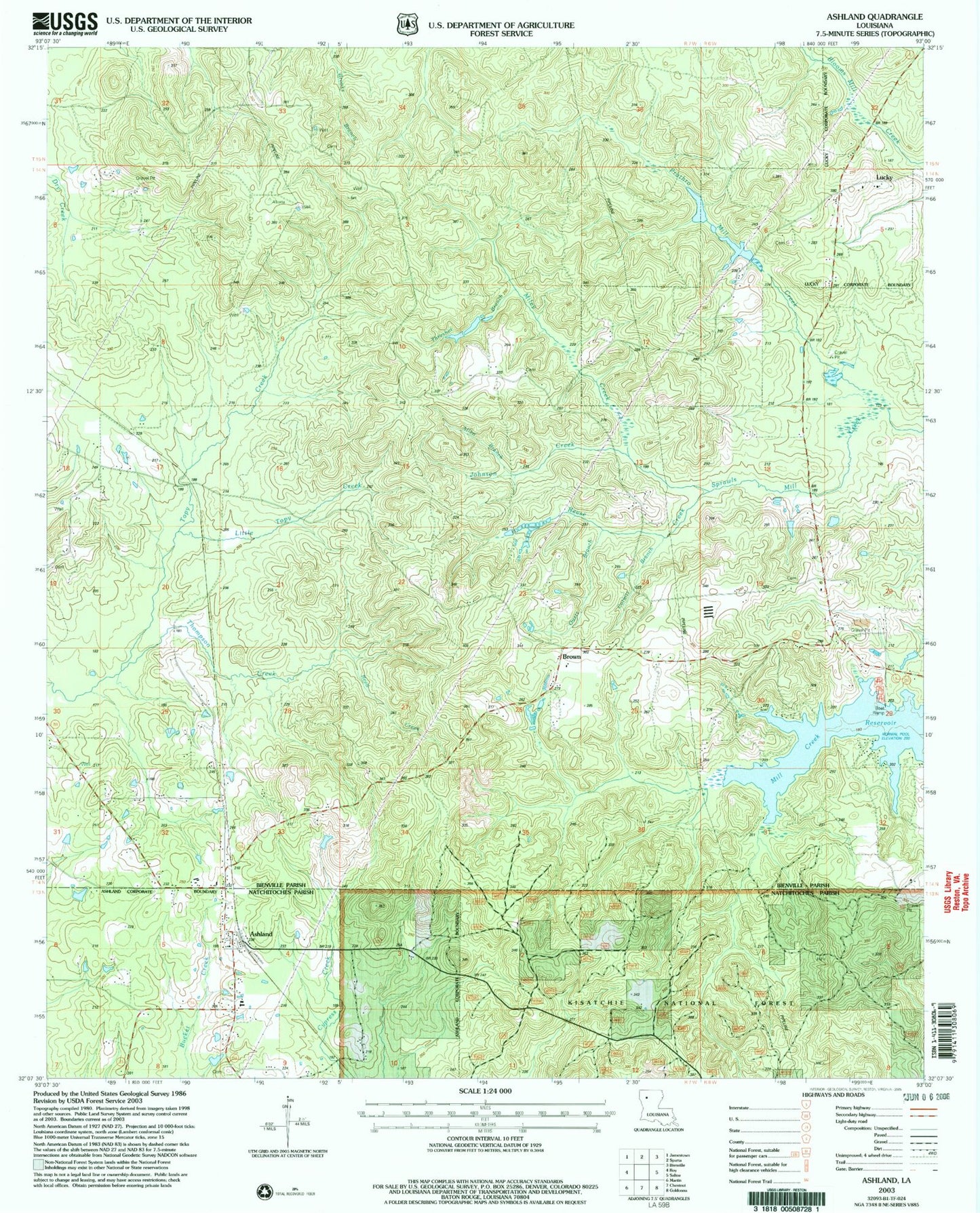 Classic USGS Ashland Louisiana 7.5'x7.5' Topo Map Image