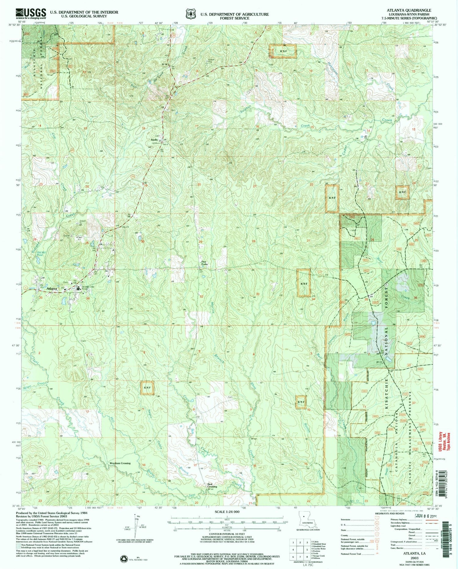 Classic USGS Atlanta Louisiana 7.5'x7.5' Topo Map Image