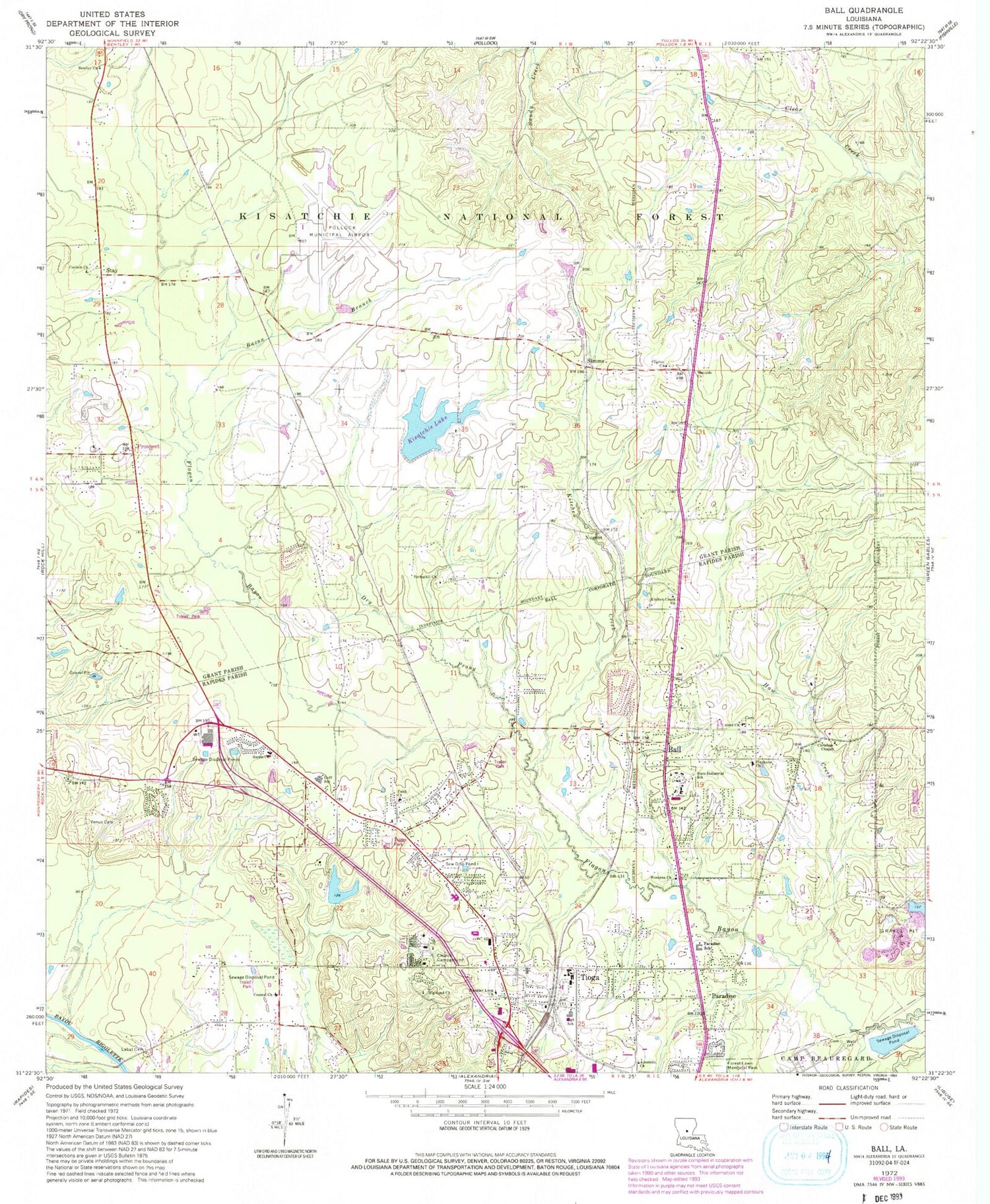 Classic USGS Ball Louisiana 7.5'x7.5' Topo Map Image