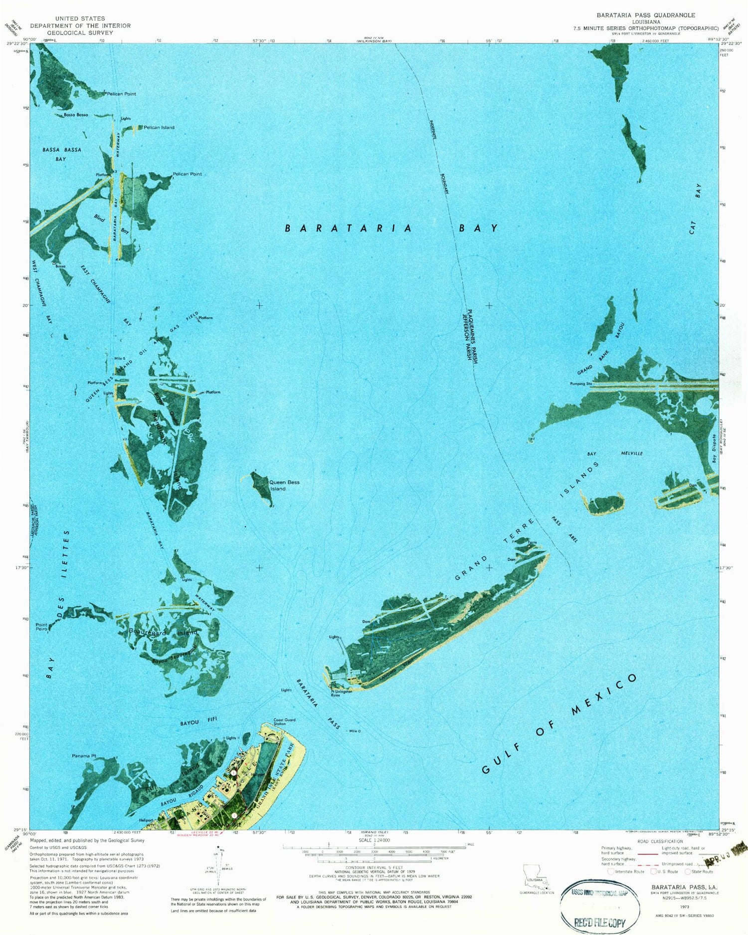Classic USGS Barataria Pass Louisiana 7.5'x7.5' Topo Map Image