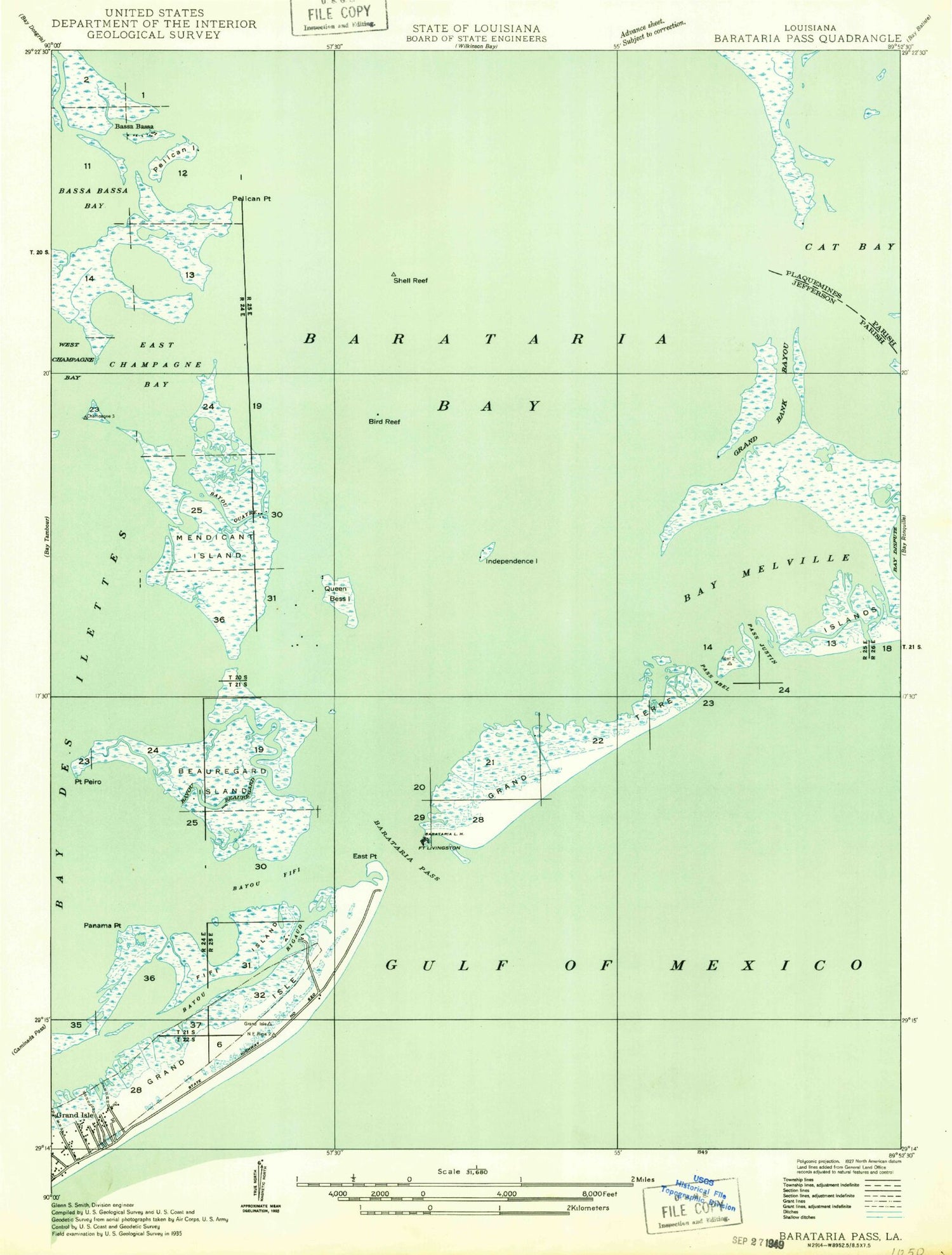 Classic USGS Barataria Pass Louisiana 7.5'x7.5' Topo Map Image