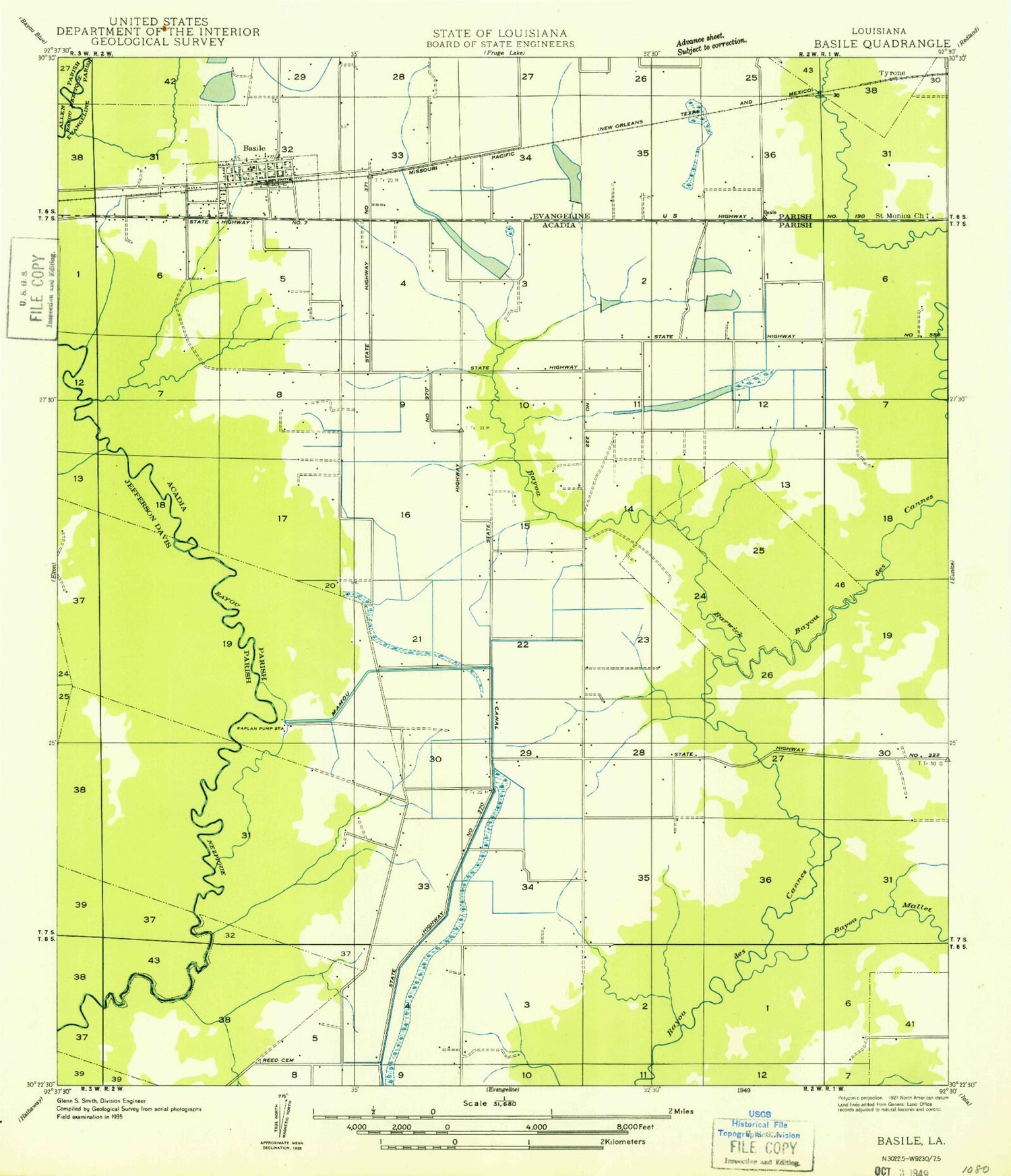 Classic USGS Basile Louisiana 7.5'x7.5' Topo Map Image