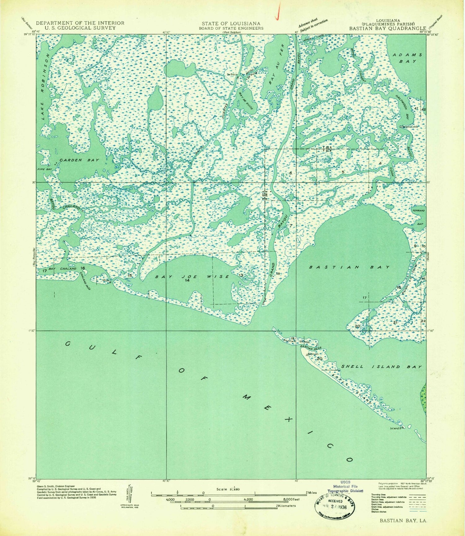 Classic USGS Bastian Bay Louisiana 7.5'x7.5' Topo Map Image