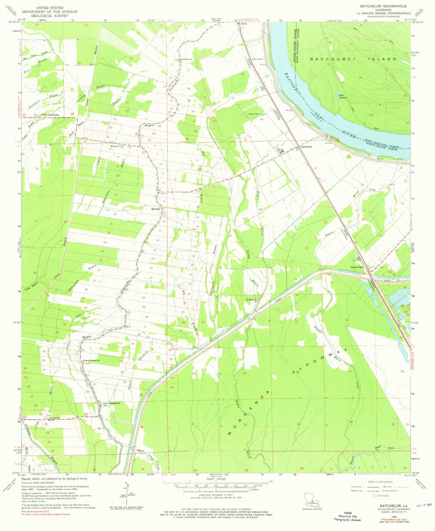 Classic USGS Batchelor Louisiana 7.5'x7.5' Topo Map Image