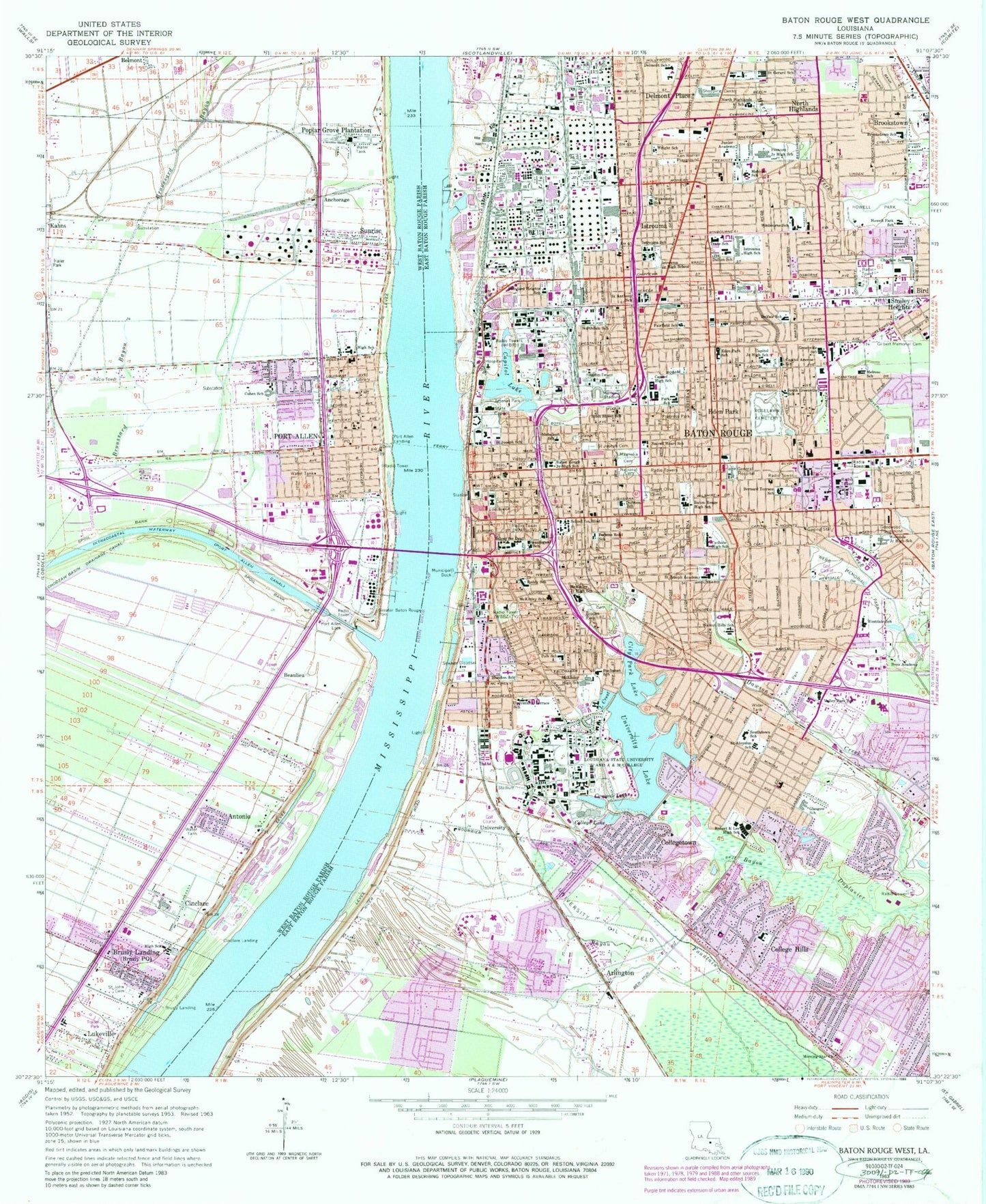 Classic USGS Baton Rouge West Louisiana 7.5'x7.5' Topo Map Image