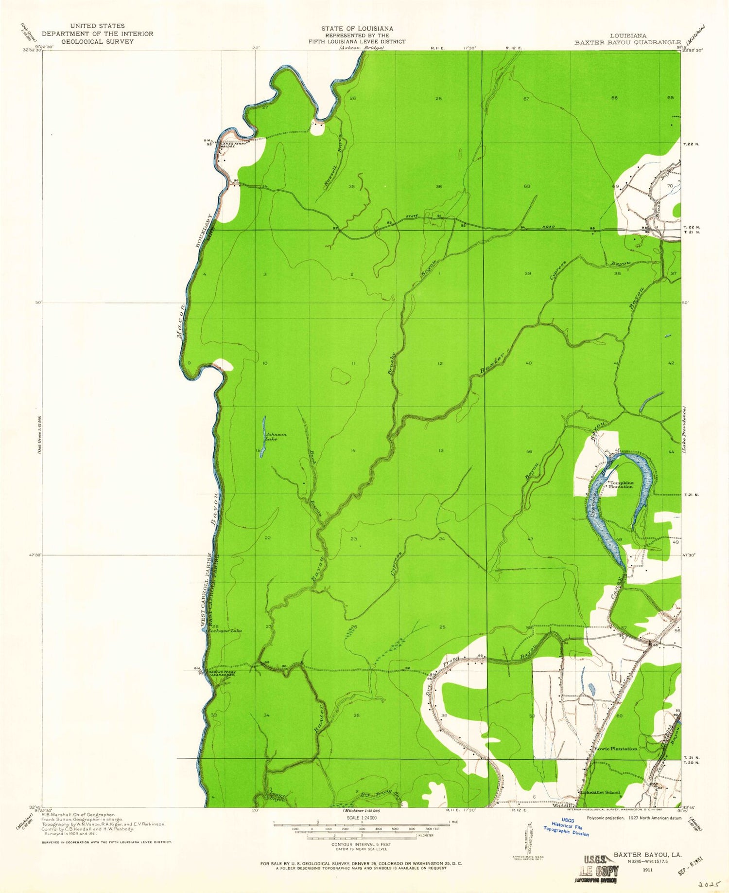Classic USGS Baxter Bayou Louisiana 7.5'x7.5' Topo Map Image