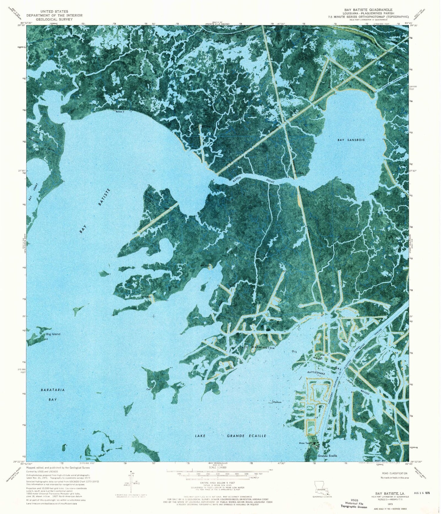Classic USGS Bay Batiste Louisiana 7.5'x7.5' Topo Map Image
