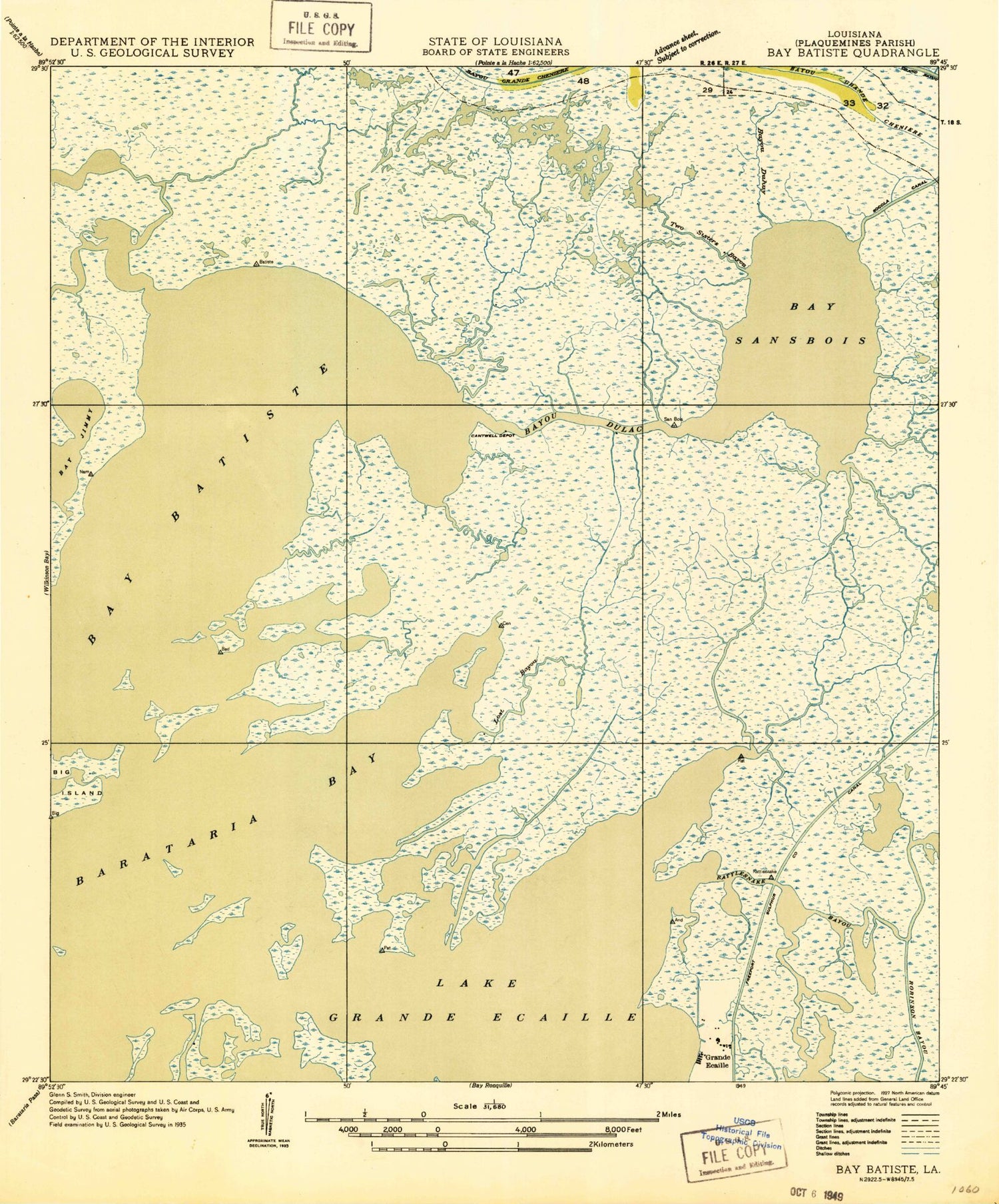 Classic USGS Bay Batiste Louisiana 7.5'x7.5' Topo Map Image