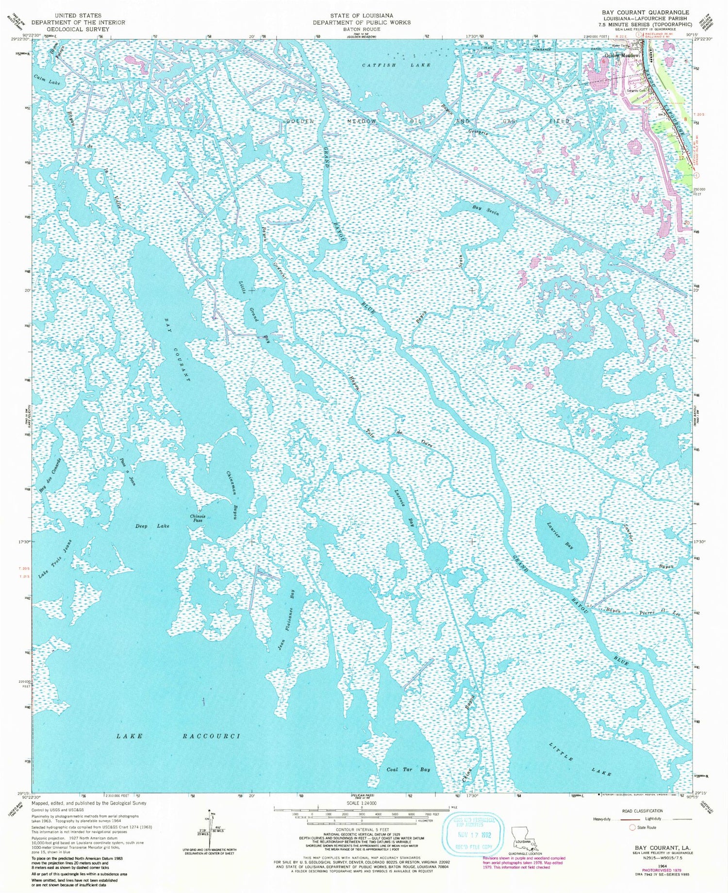 Classic USGS Bay Courant Louisiana 7.5'x7.5' Topo Map Image