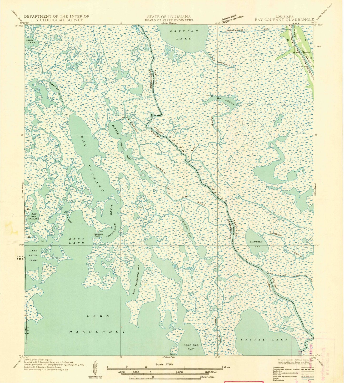 Classic USGS Bay Courant Louisiana 7.5'x7.5' Topo Map Image