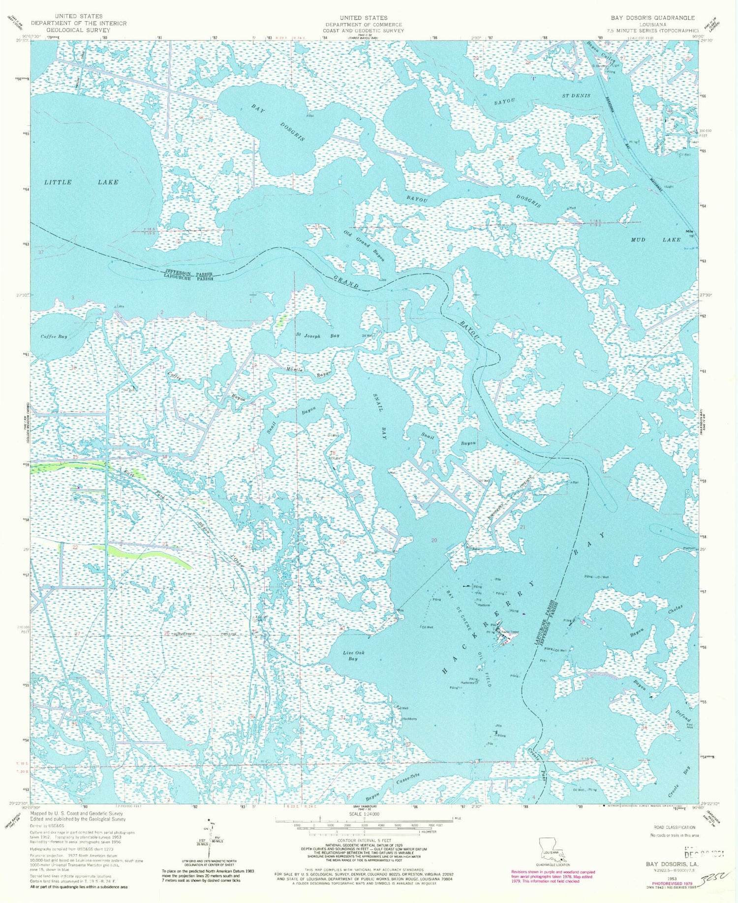 Classic USGS Bay Dosgris Louisiana 7.5'x7.5' Topo Map Image