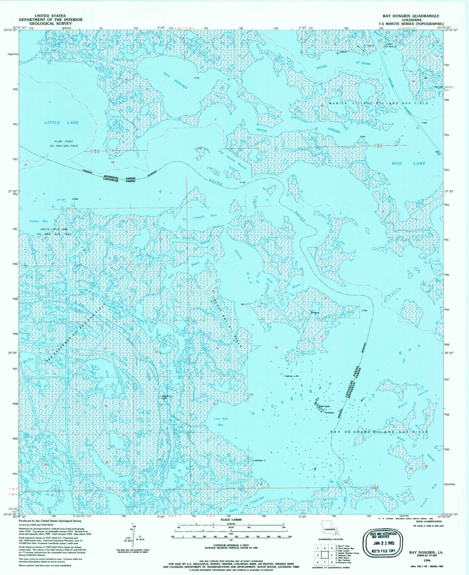 Classic USGS Bay Dosgris Louisiana 7.5'x7.5' Topo Map Image