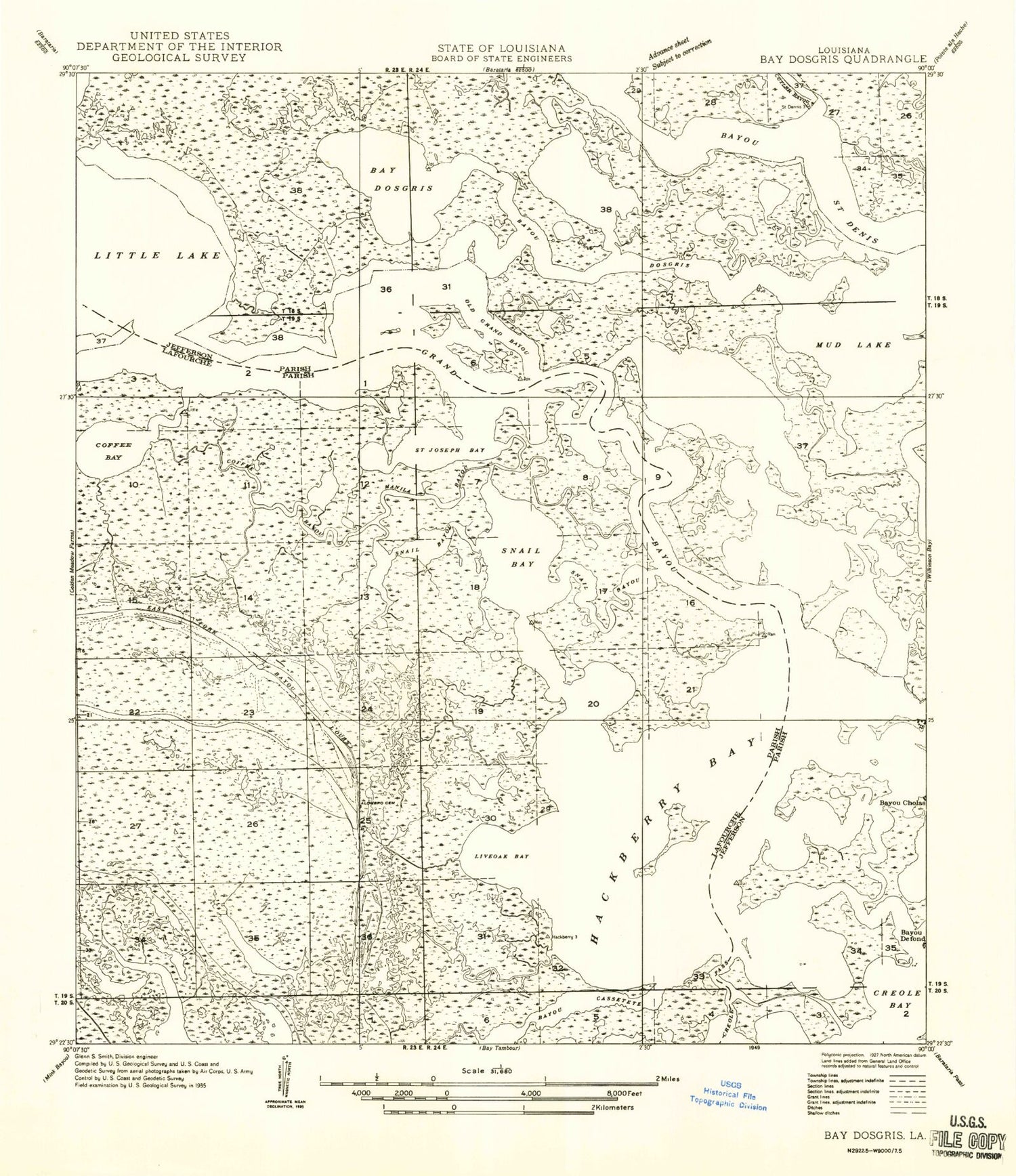 Classic USGS Bay Dosgris Louisiana 7.5'x7.5' Topo Map Image