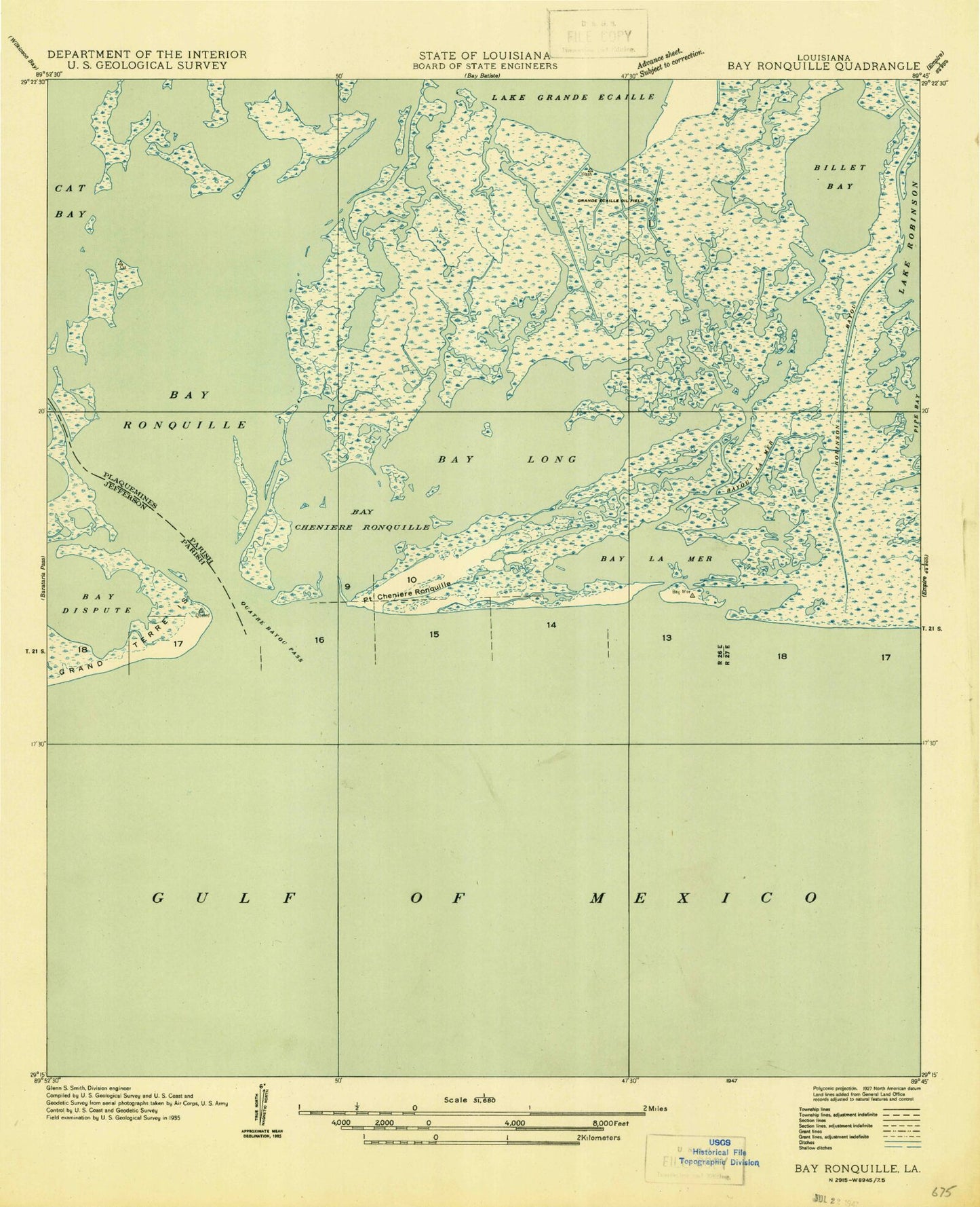 Classic USGS Bay Ronquille Louisiana 7.5'x7.5' Topo Map Image