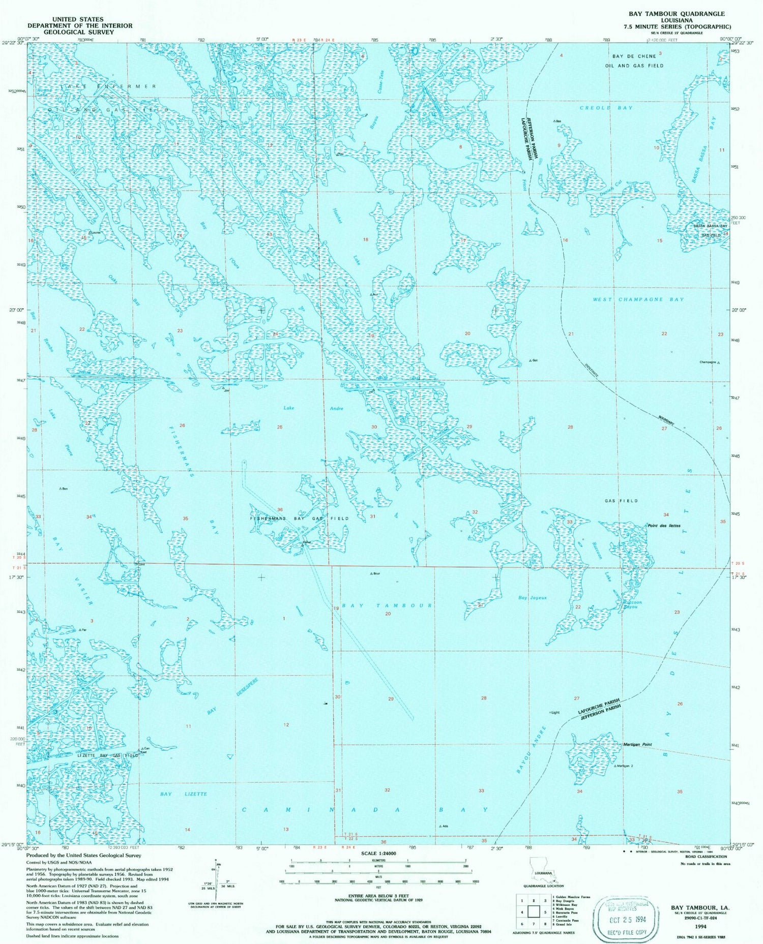 Classic USGS Bay Tambour Louisiana 7.5'x7.5' Topo Map Image