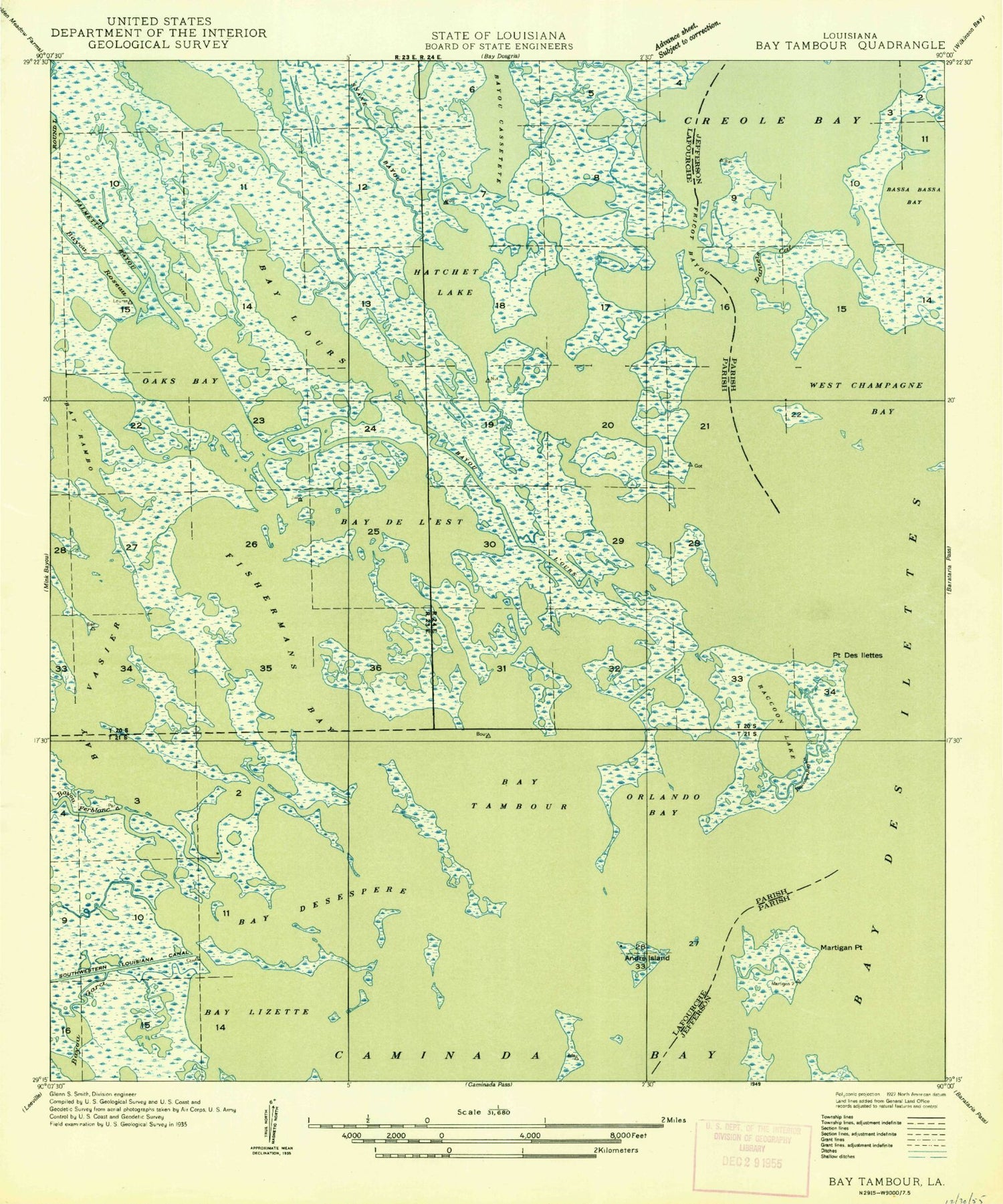 Classic USGS Bay Tambour Louisiana 7.5'x7.5' Topo Map Image