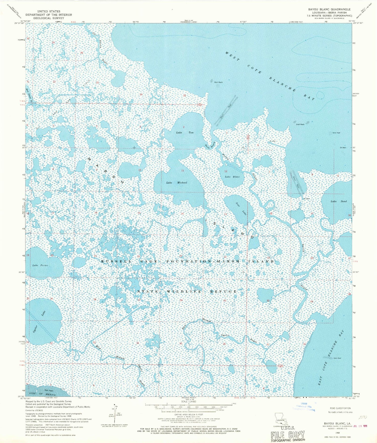 Classic USGS Bayou Blanc Louisiana 7.5'x7.5' Topo Map Image