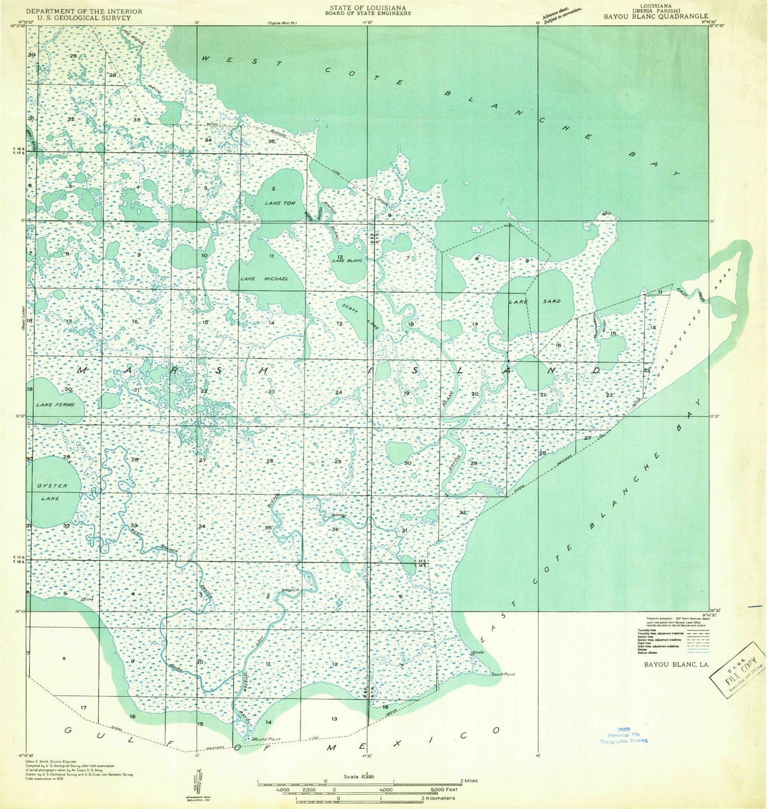 Classic USGS Bayou Blanc Louisiana 7.5'x7.5' Topo Map Image