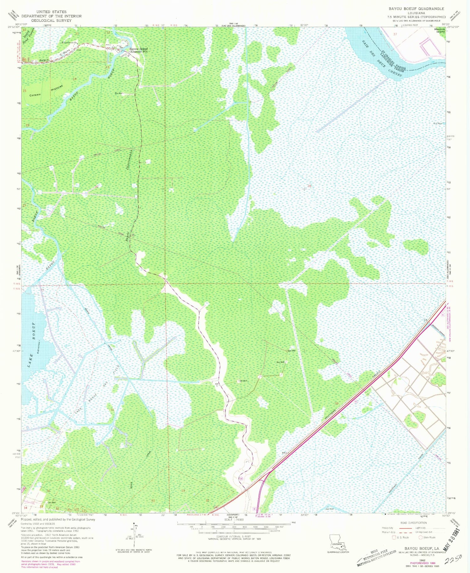 Classic USGS Bayou Boeuf Louisiana 7.5'x7.5' Topo Map Image
